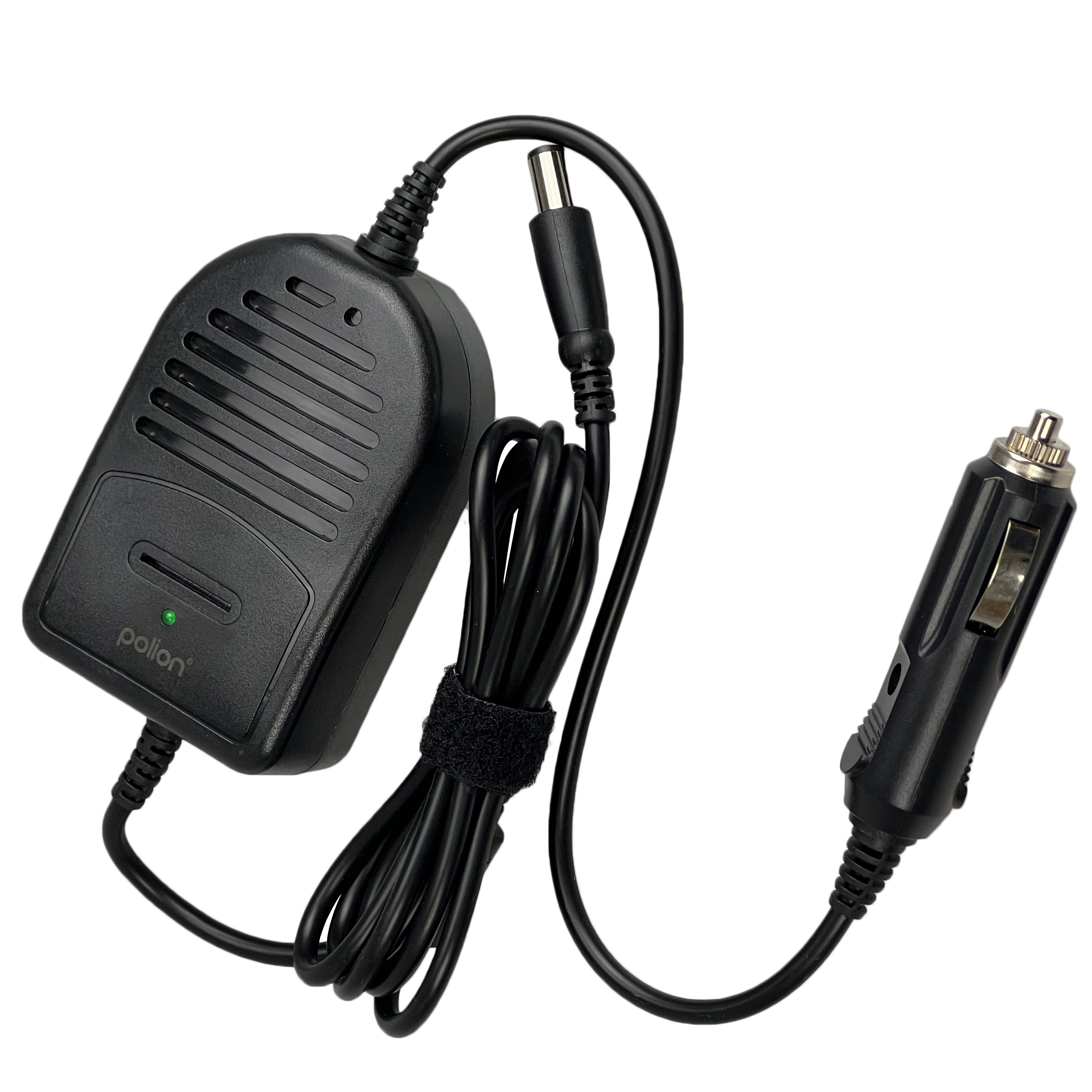 Czarna ładowarka samochodowa z wtyczką DC, zasilacz z zielonym światłem i wtyczką adaptera samochodowego.