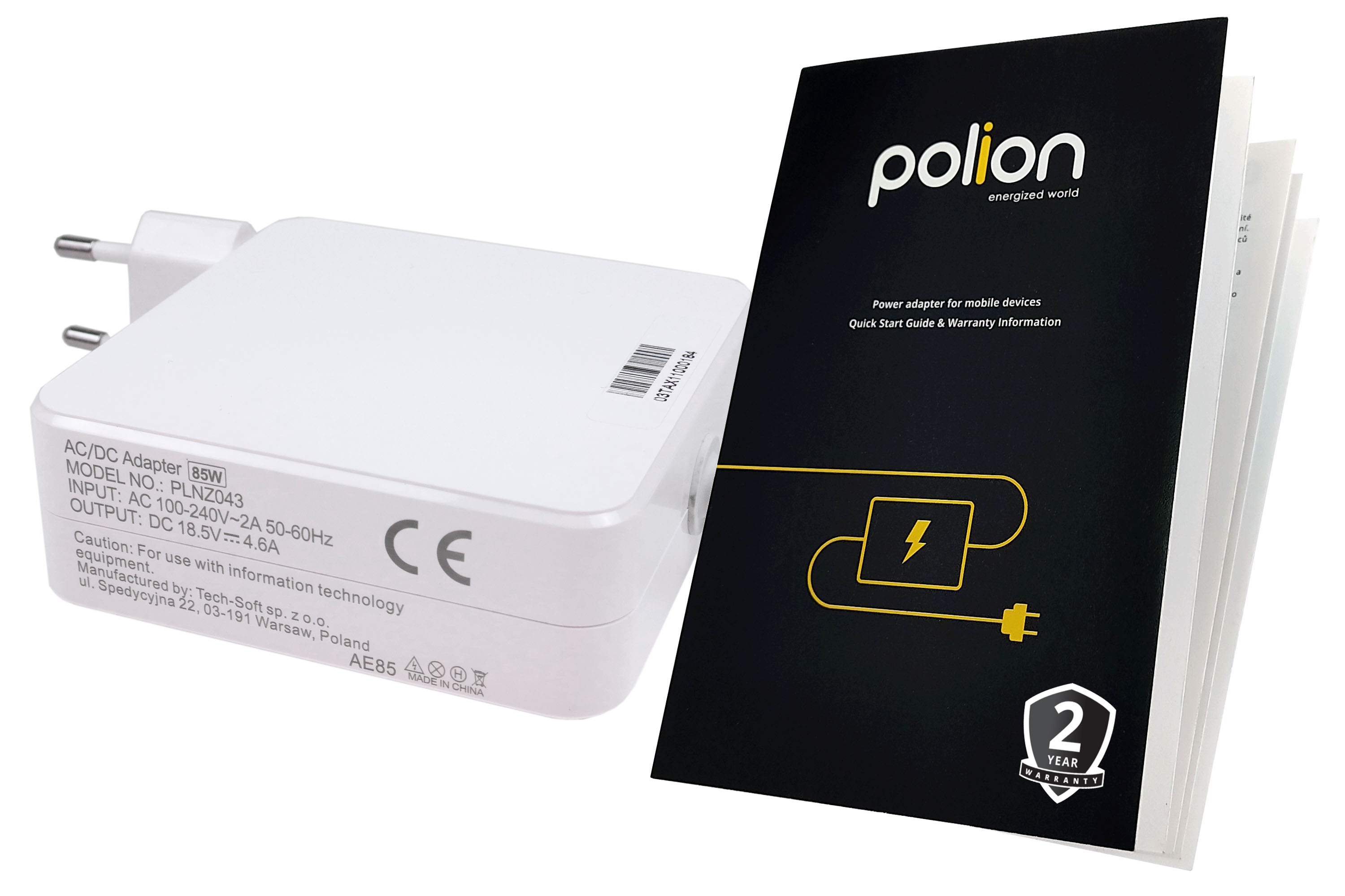 Biała ładowarka z czarną książeczką. Książeczka zawiera tekst i żółtą grafikę. Pokazana jest 2-letnia gwarancja.