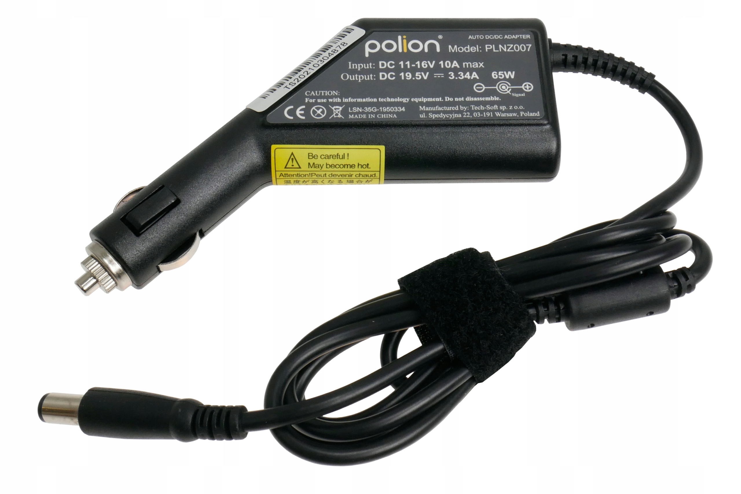 Czarny zasilacz do laptopa z dołączonym kablem i złączem. Posiada etykietę ostrzegawczą.