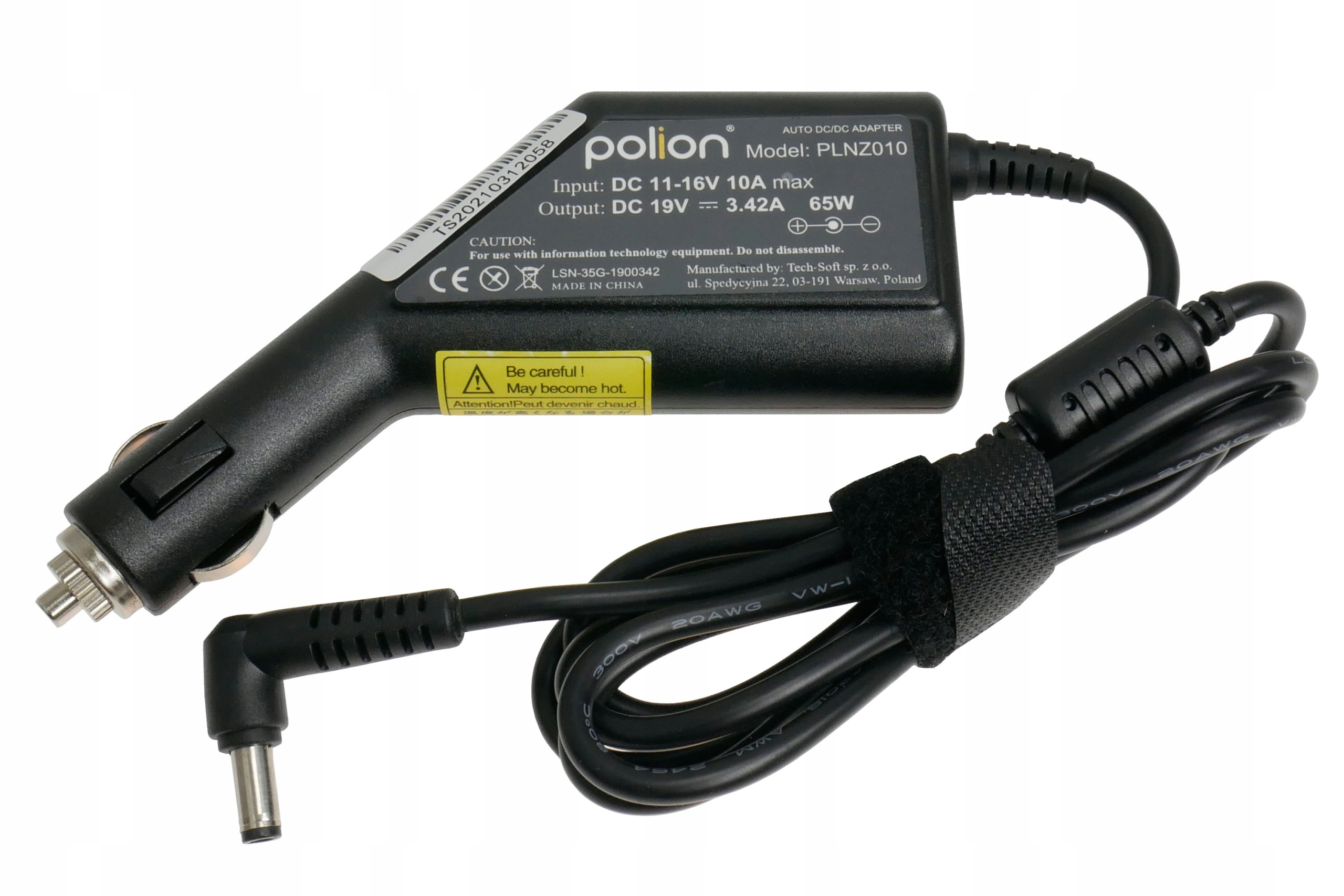 Czarna ładowarka samochodowa Polion. Posiada zasilacz, kabel i etykietę ostrzegawczą.