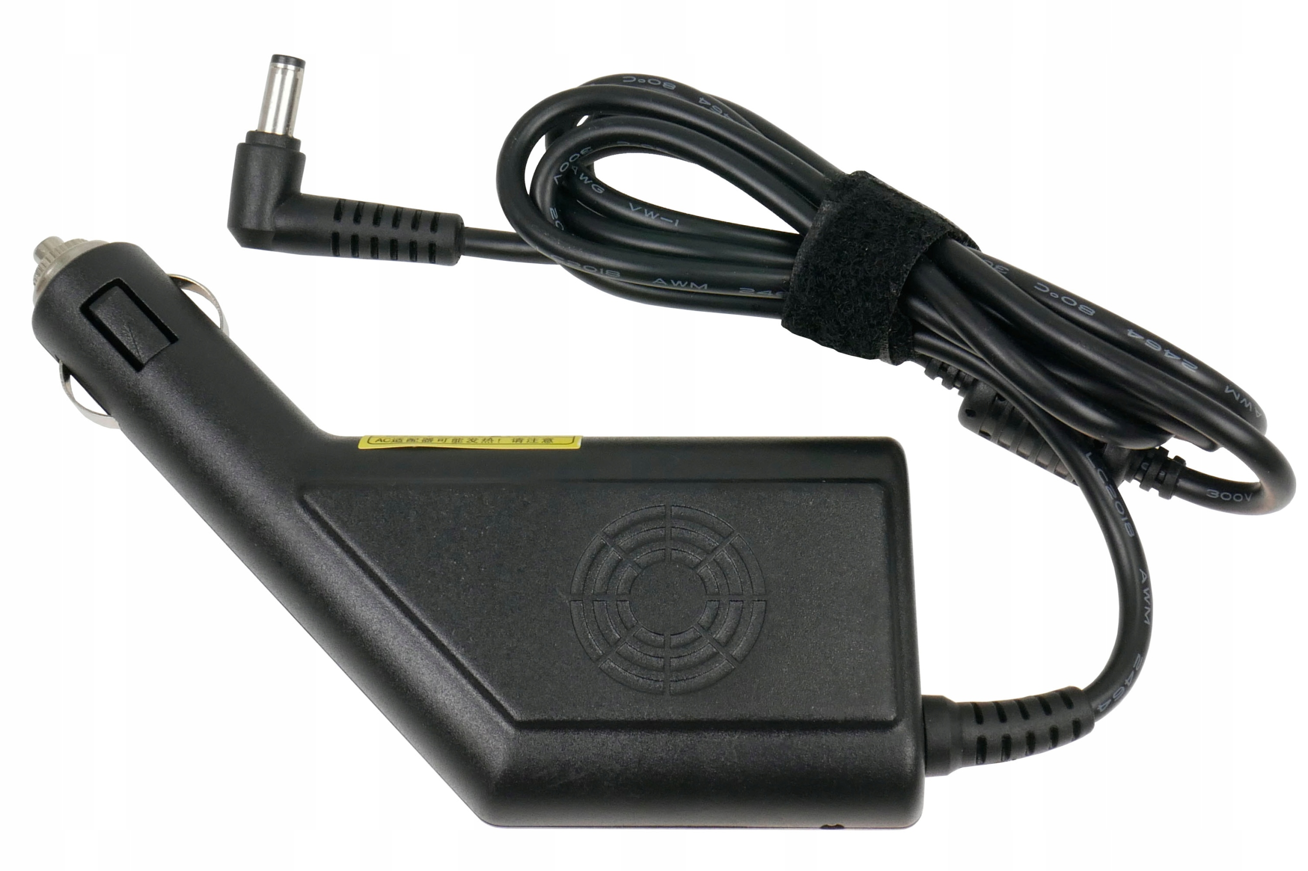 Czarna ładowarka samochodowa z zasilaczem i czarnym kablem owiniętym czarnym paskiem na rzep.