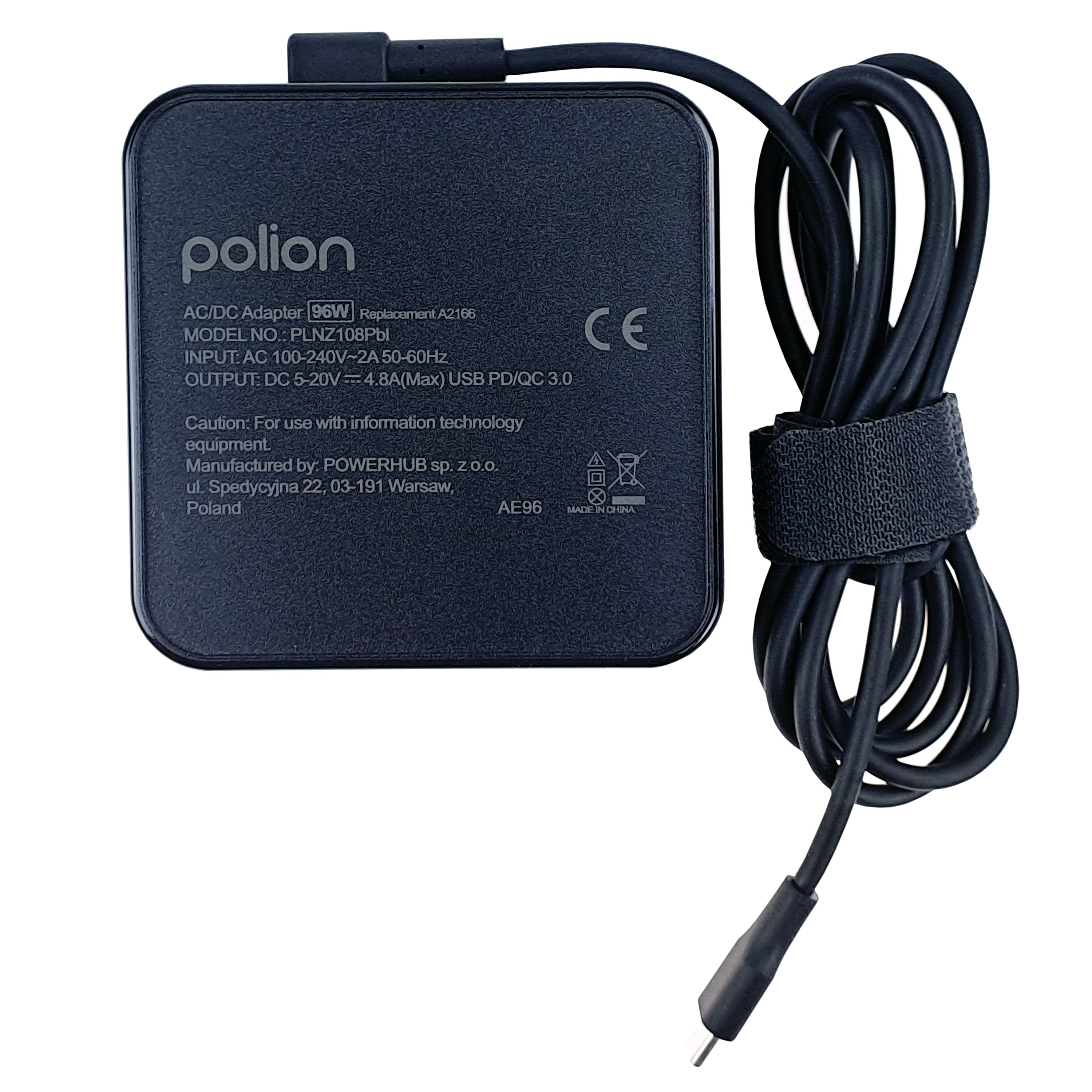Czarny zasilacz Polion AC/DC z czarnym kablem. Informacje są wydrukowane na zasilaczu.