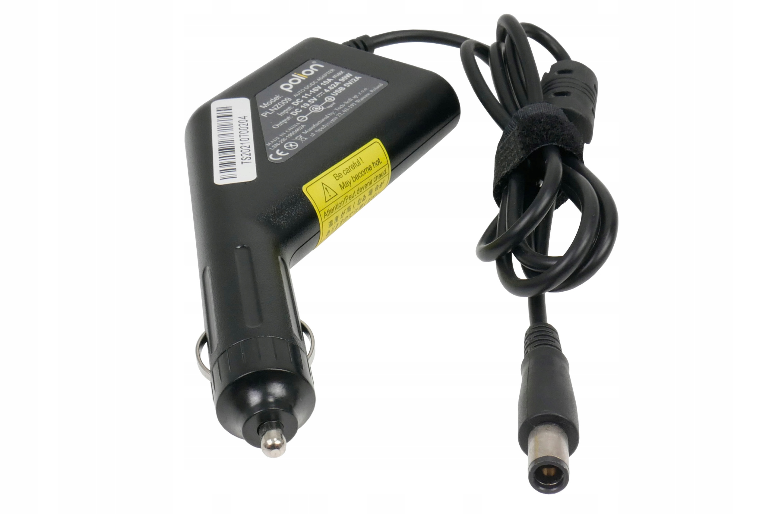 Czarny adapter samochodowy z etykietą. Kabel jest czarny i połączony rzepem.