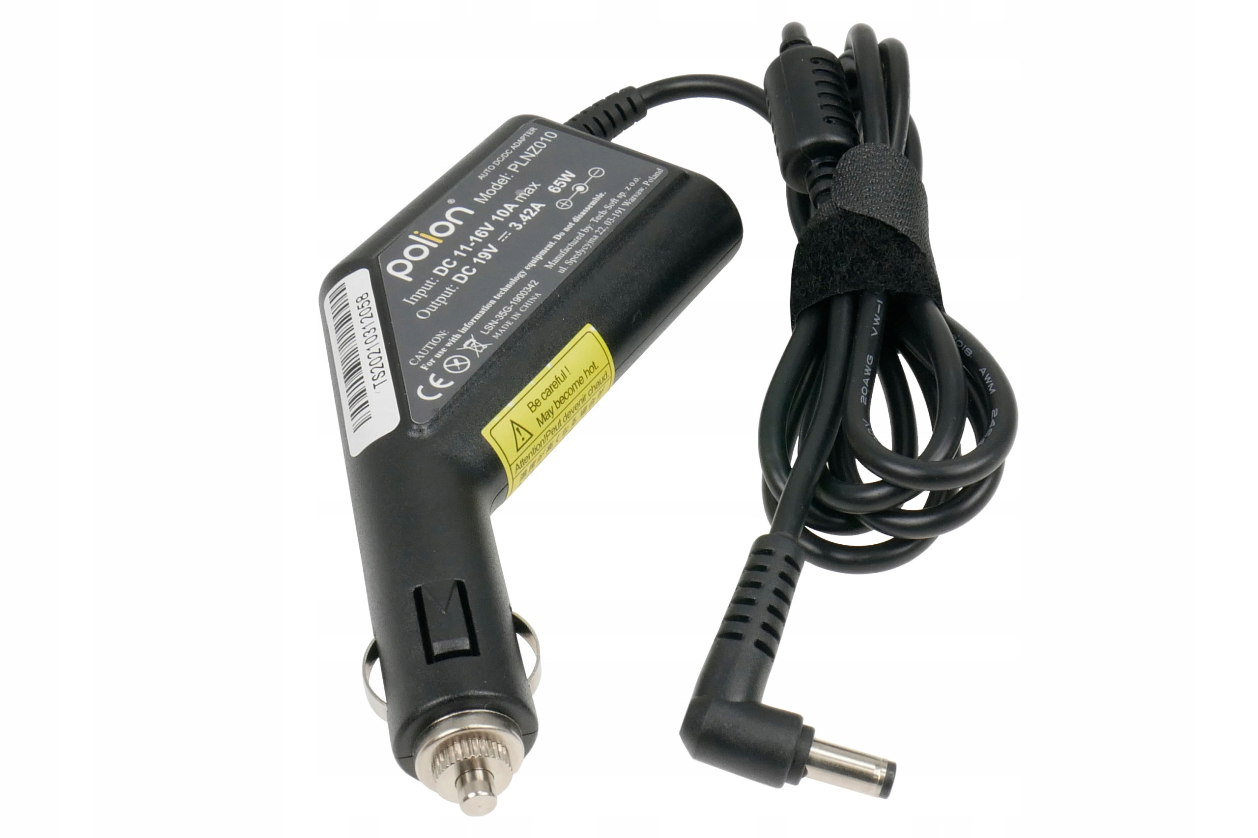 Czarny adapter samochodowy Polion z kablem i złączem. Tekst na adapterze wskazuje napięcie i model.