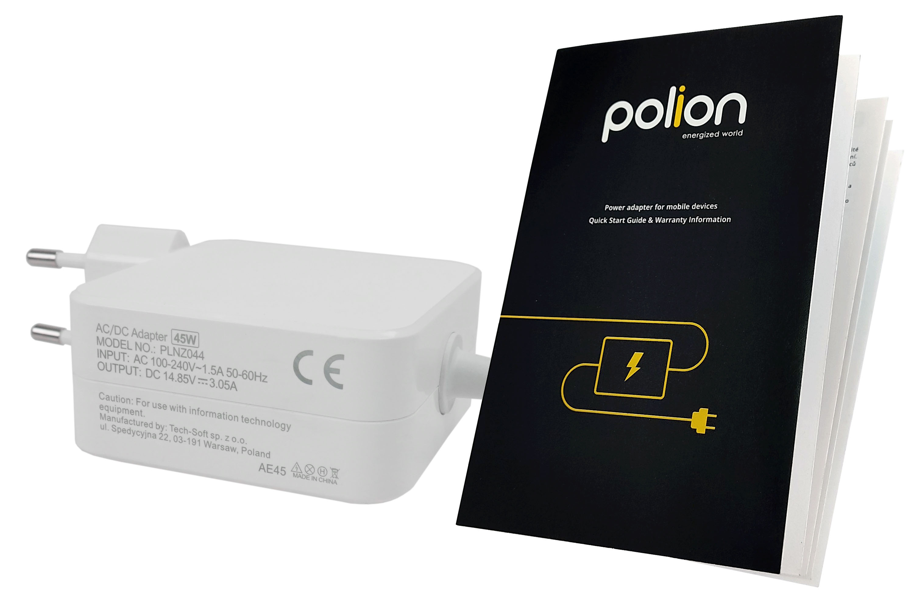 Biały zasilacz AC/DC z czarną instrukcją. Instrukcja zawiera logo 'polion' i tekst.