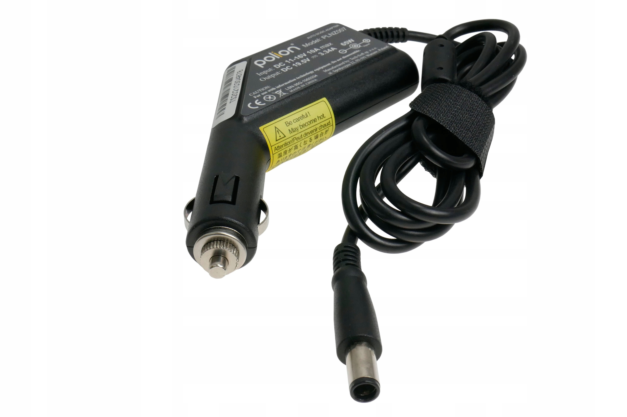 Czarna ładowarka samochodowa z czarnym kablem. Ma żółtą etykietę ostrzegawczą i białe tło.