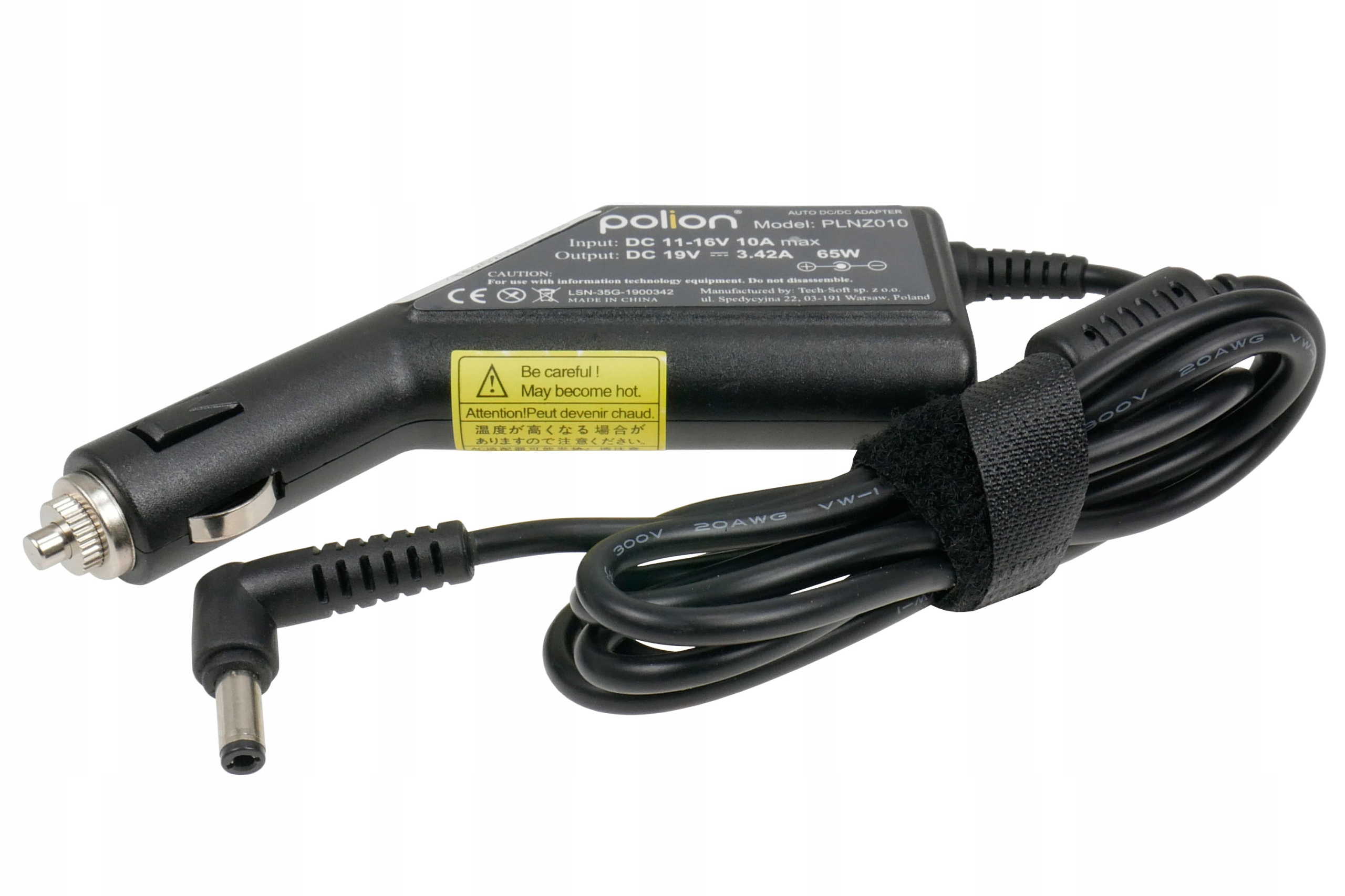 Czarny adapter ładowarki samochodowej z etykietą ostrzegawczą i szczegółami tekstowymi na białym tle.