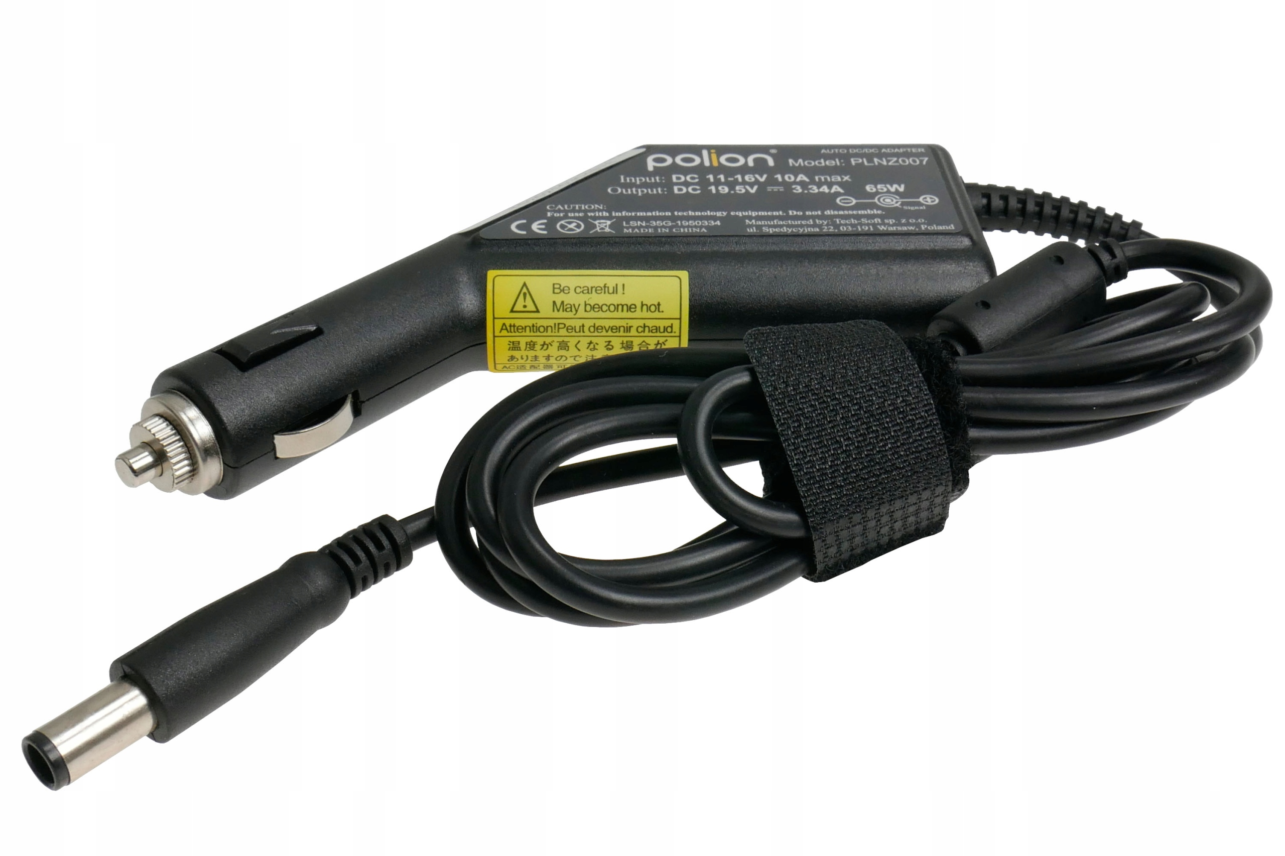 Czarna ładowarka samochodowa do laptopa z etykietą ostrzegawczą i czarnym kablem.