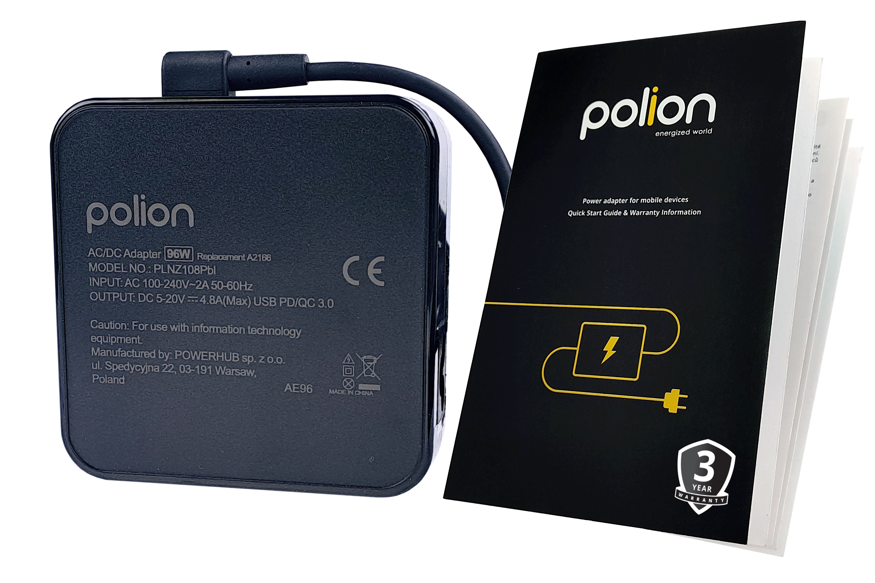 Czarna ładowarka Polion i instrukcja obsługi na białej powierzchni. Instrukcja zawiera logo Polion i informacje o gwarancji.