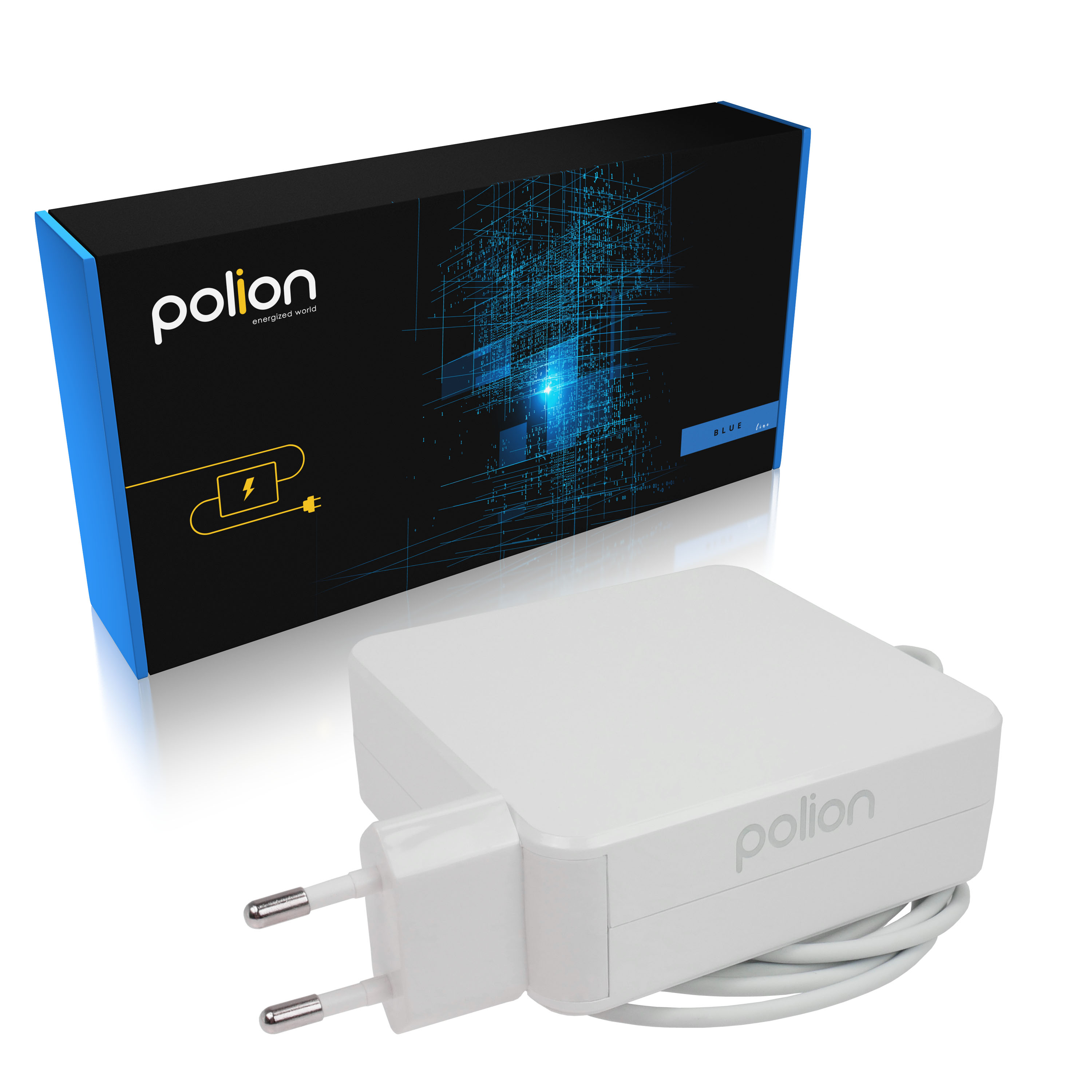 Biała ładowarka Polion i pudełko. Pudełko jest czarne z niebieskimi bokami i niebieską wizualizacją danych.