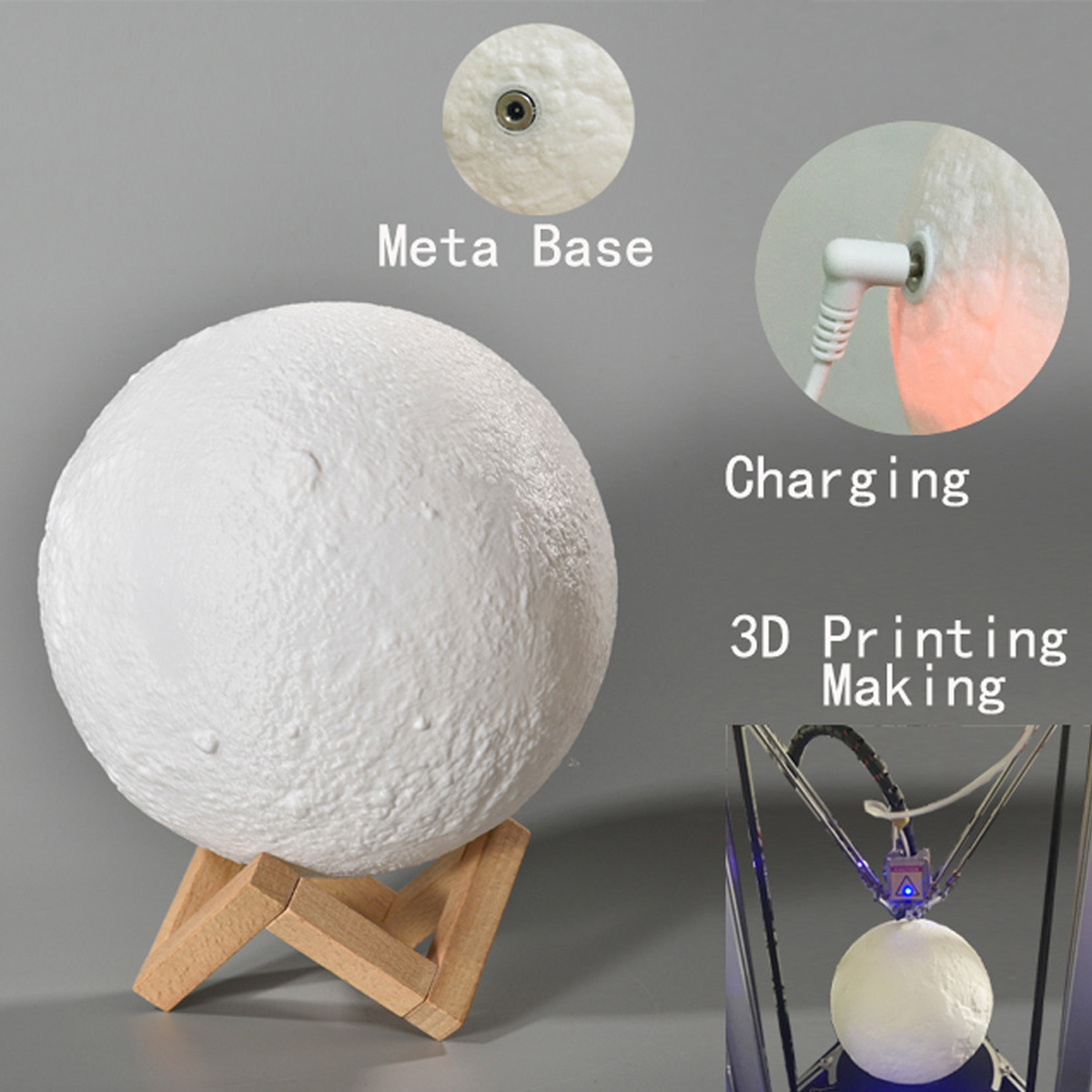 Eine weiße Mondlampe auf einem Holzständer. Details zu Sockel, Ladeanschluss und 3D-Druckverfahren werden gezeigt.