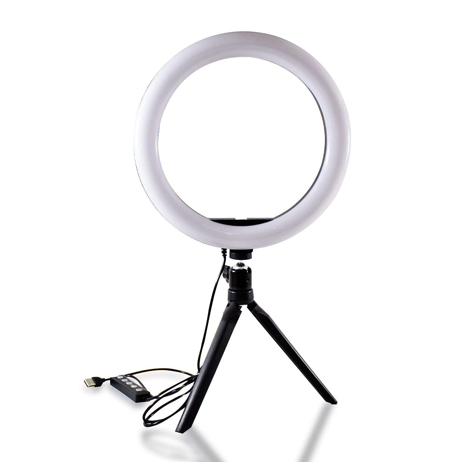 Ein weißes Ringlicht auf einem schwarzen Stativ. Ein USB-Kabel und ein Bedienfeld sind angeschlossen. Der Hintergrund ist weiß.