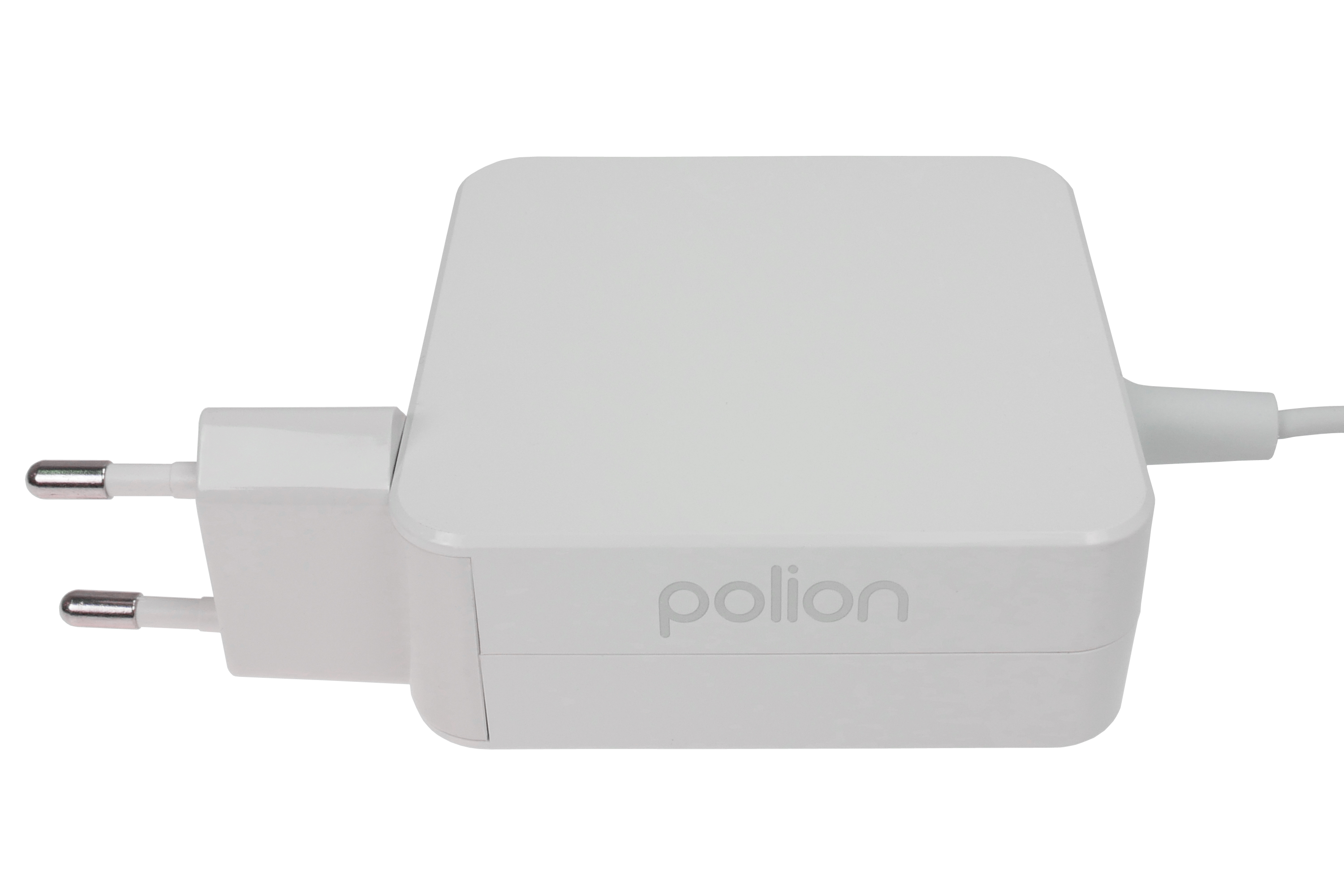 Biała ładowarka Polion z wtyczką i kablem na białym tle.