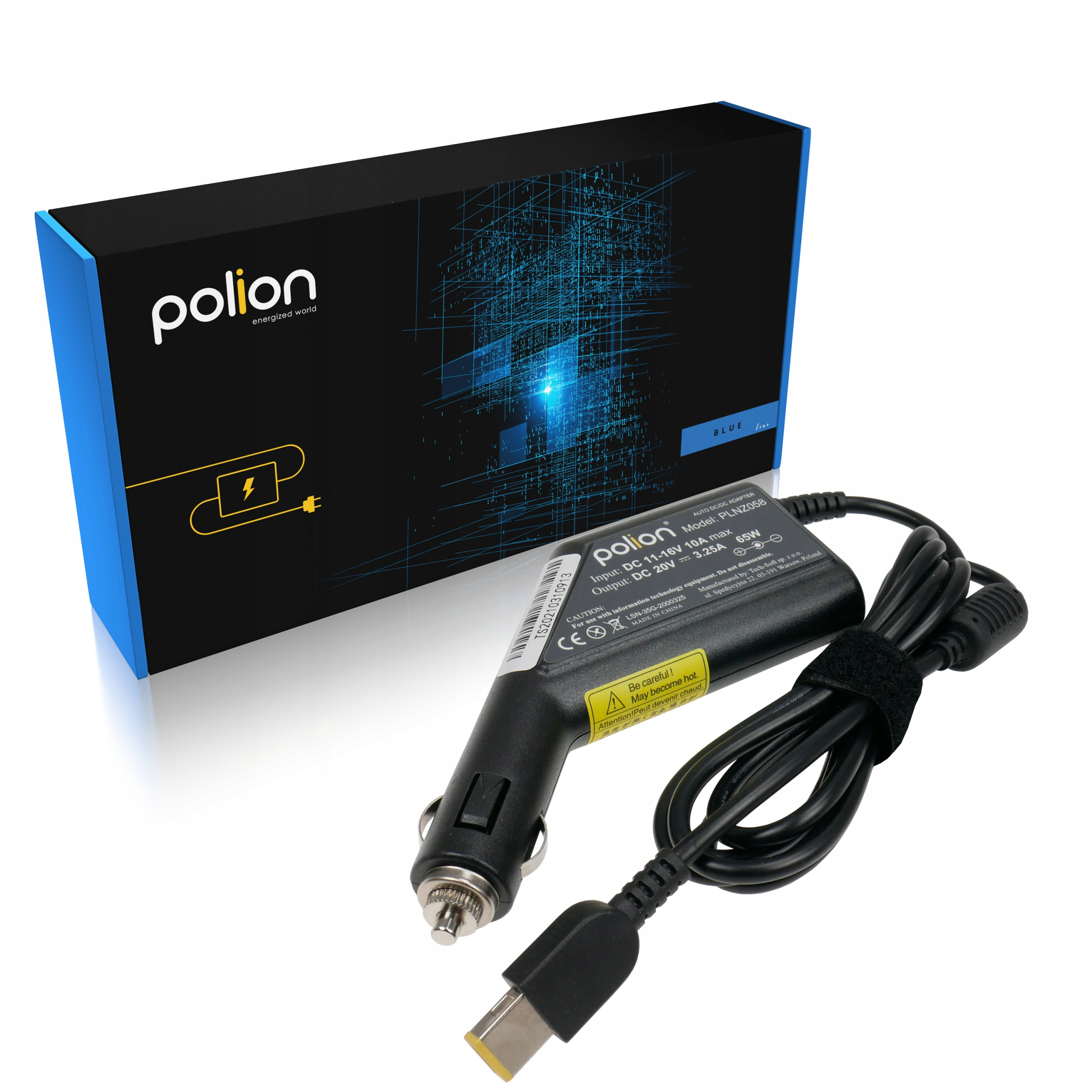 Ładowarka do laptopa z adapterem samochodowym i pudełkiem. Czarna ładowarka, kabel i pudełko z niebieskimi akcentami.