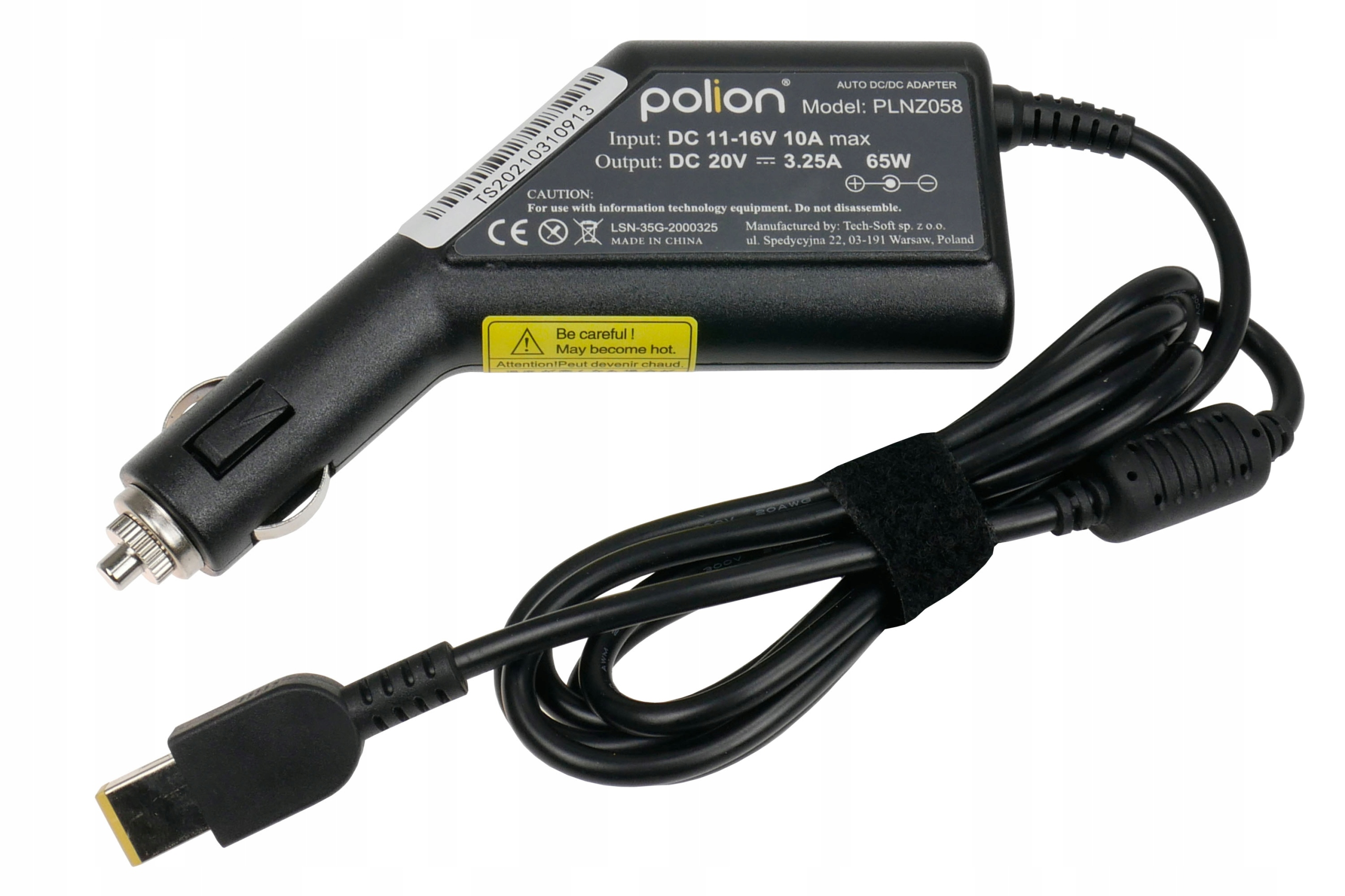 Czarny adapter samochodowy z kablem, złączem i etykietą produktu. Posiada tekst i etykiety ostrzegawcze.