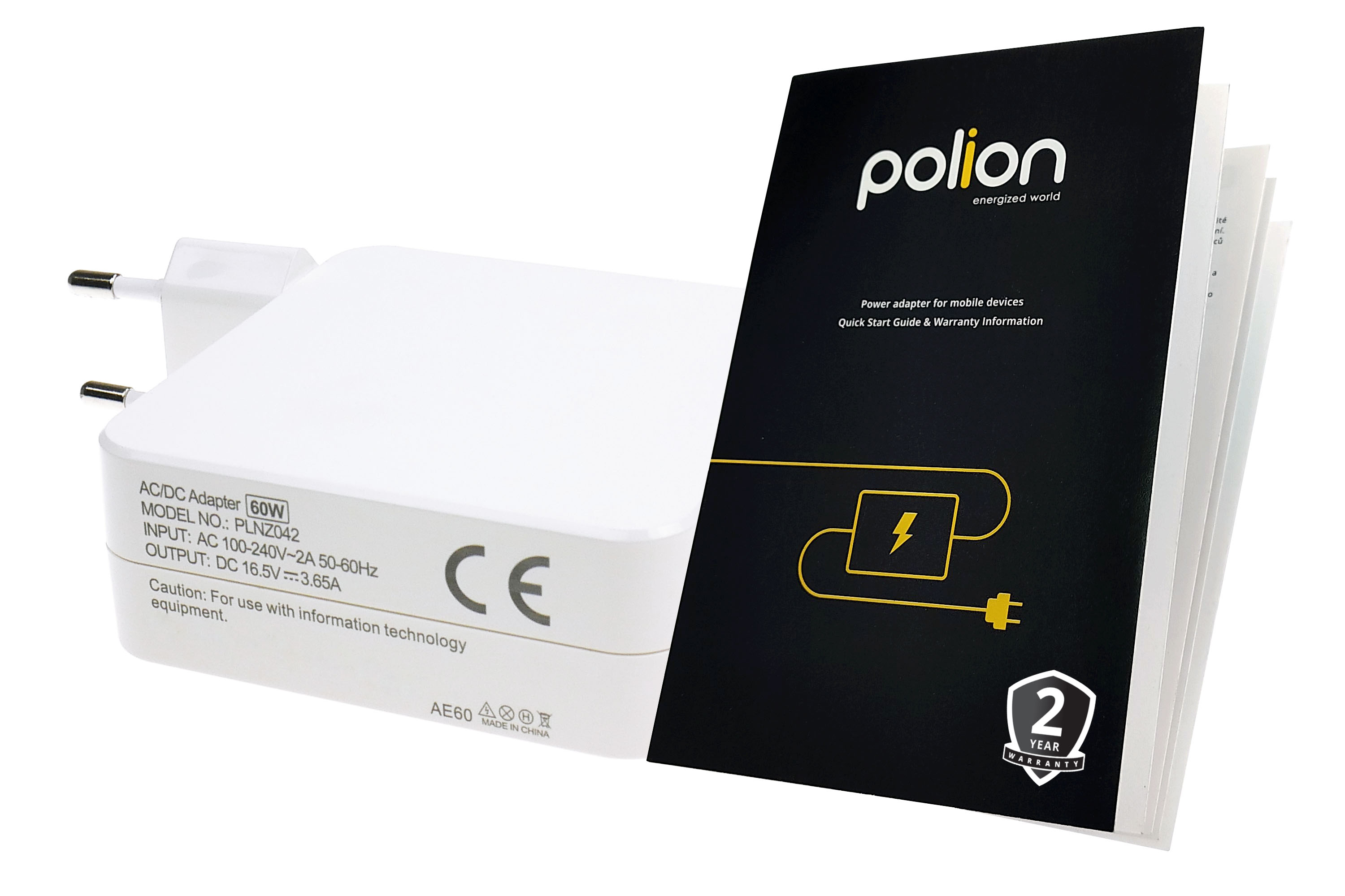Biały zasilacz i czarna instrukcja z napisem 'polion' i informacjami o gwarancji na białym tle.