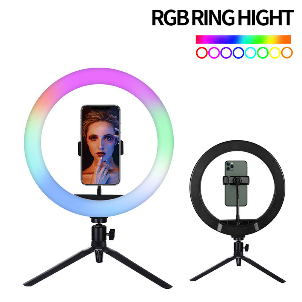 Das Bild zeigt zwei Ringlichter mit Telefonen. Eines leuchtet in Regenbogenfarben, das andere ist schwarz. Beide stehen auf Stativen. Text: RGB RING HIGHT.