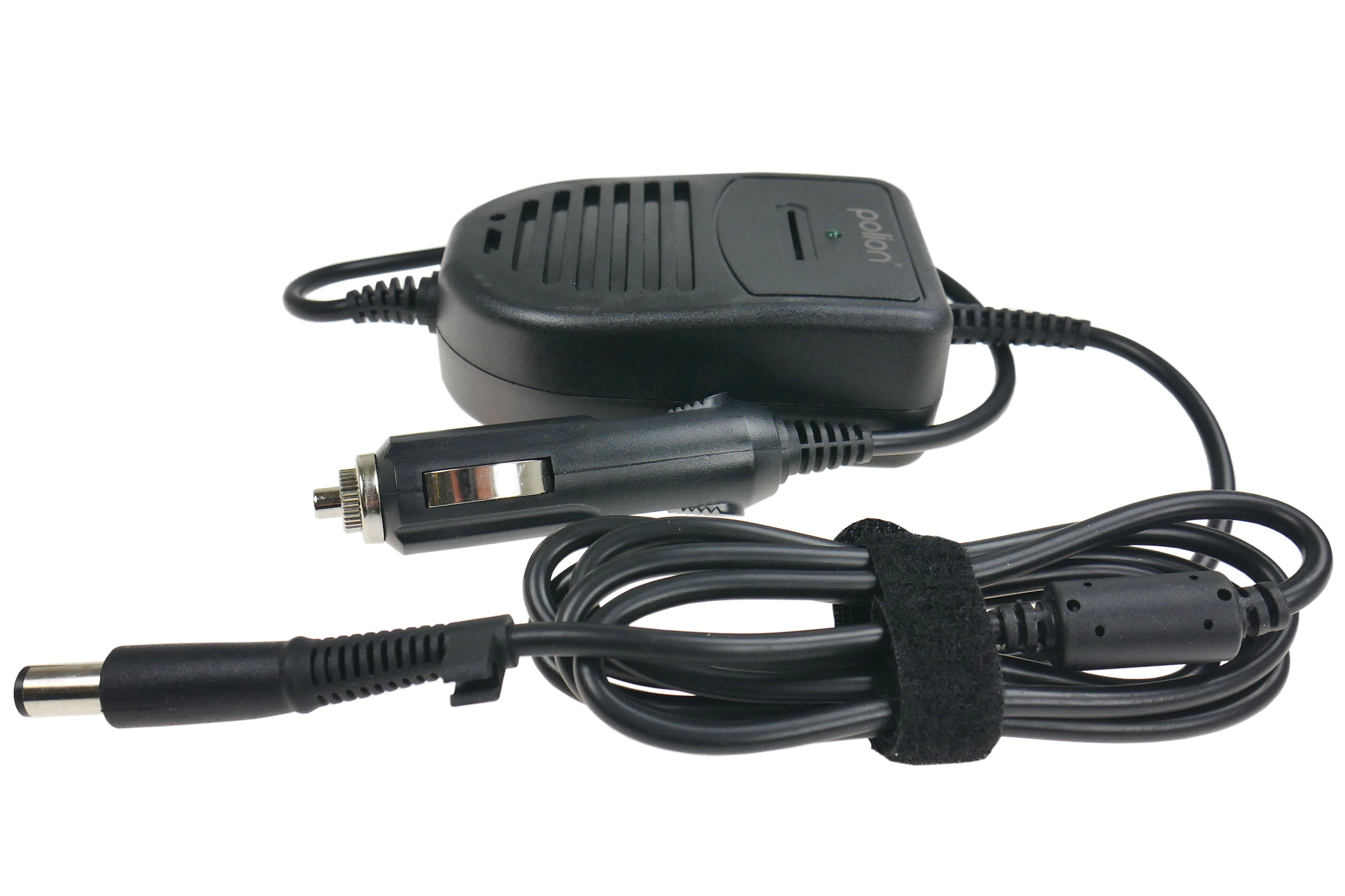 Czarna ładowarka samochodowa z wieloma kablami i złączem. Posiada wskaźnik zasilania i rzep.