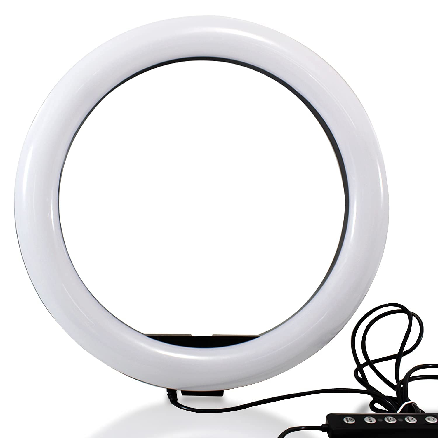 Ein weißes Ringlicht mit schwarzem Bedienfeld und Kabeln auf weißem Hintergrund. Der Ring ist beleuchtet und kreisförmig.
