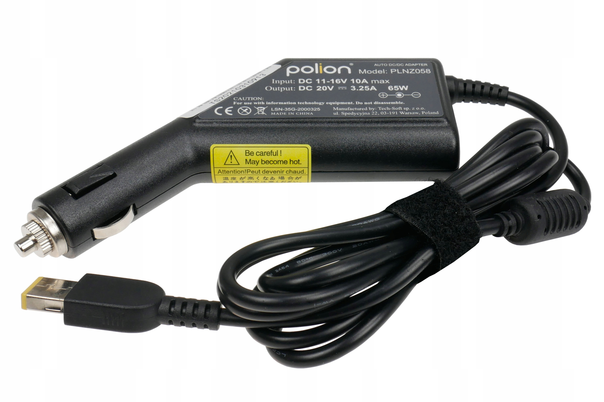 Czarna ładowarka do laptopa z końcówką adaptera samochodowego i złączem Lenovo na białym tle.