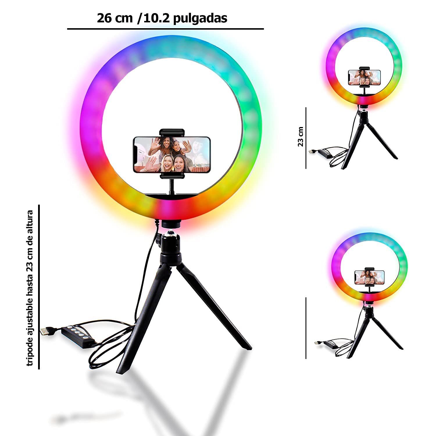 Ein Ringlicht mit Telefon, das Menschen zeigt, auf einem Stativ montiert. Das Licht hat Regenbogenfarben. Abmessungen sind angegeben.