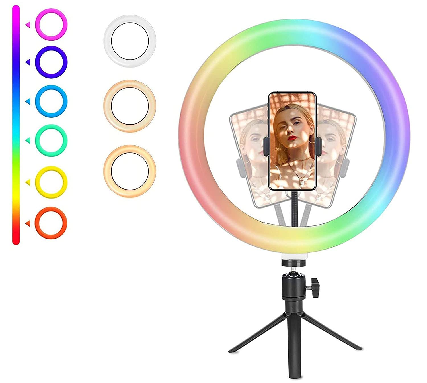 Ein Ringlicht mit einem Smartphone, das eine Frau zeigt. Es hat einen bunten Farbverlauf, ein Stativ und mehrere Lichtfarboptionen.