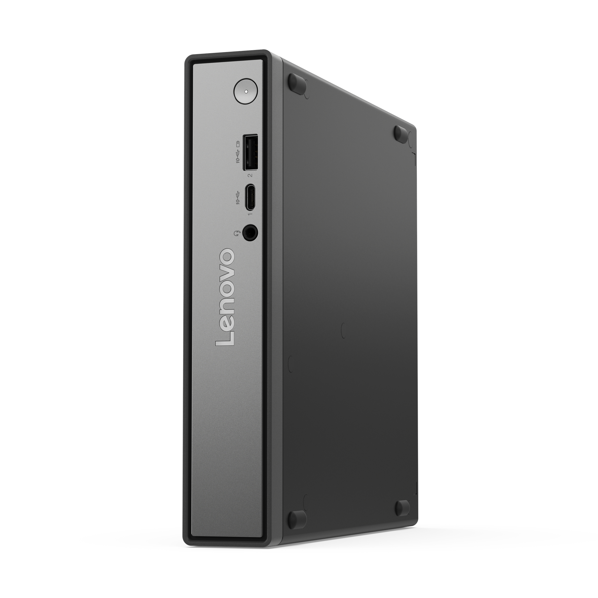Mini PC Lenovo, szary panel przedni z logo i portami Lenovo, czarny korpus i cztery gumowe nóżki.