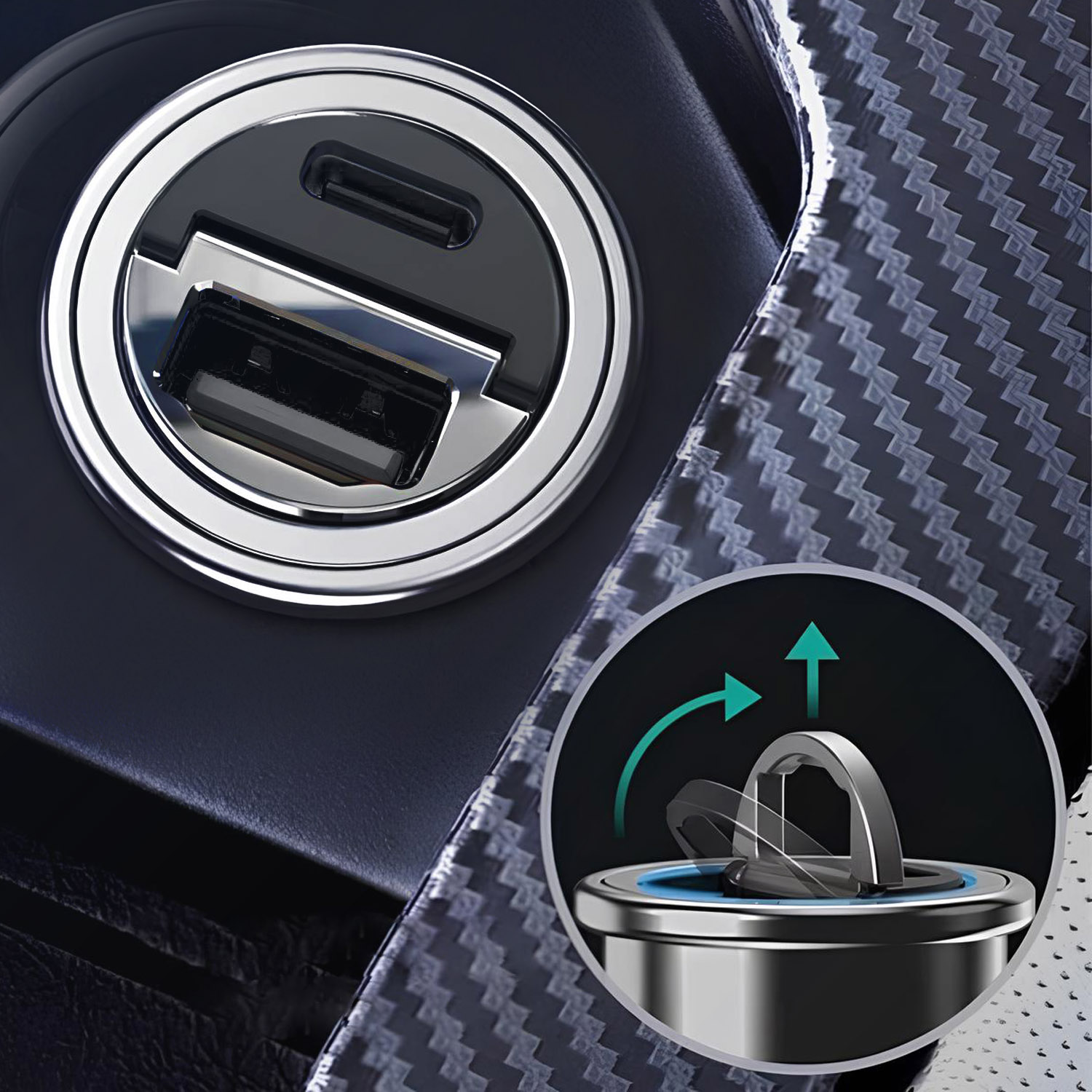 Zbliżenie ładowarki samochodowej z portem USB. Szczegółowy widok pokazuje konstrukcję z obrotowym pierścieniem i strzałkami.