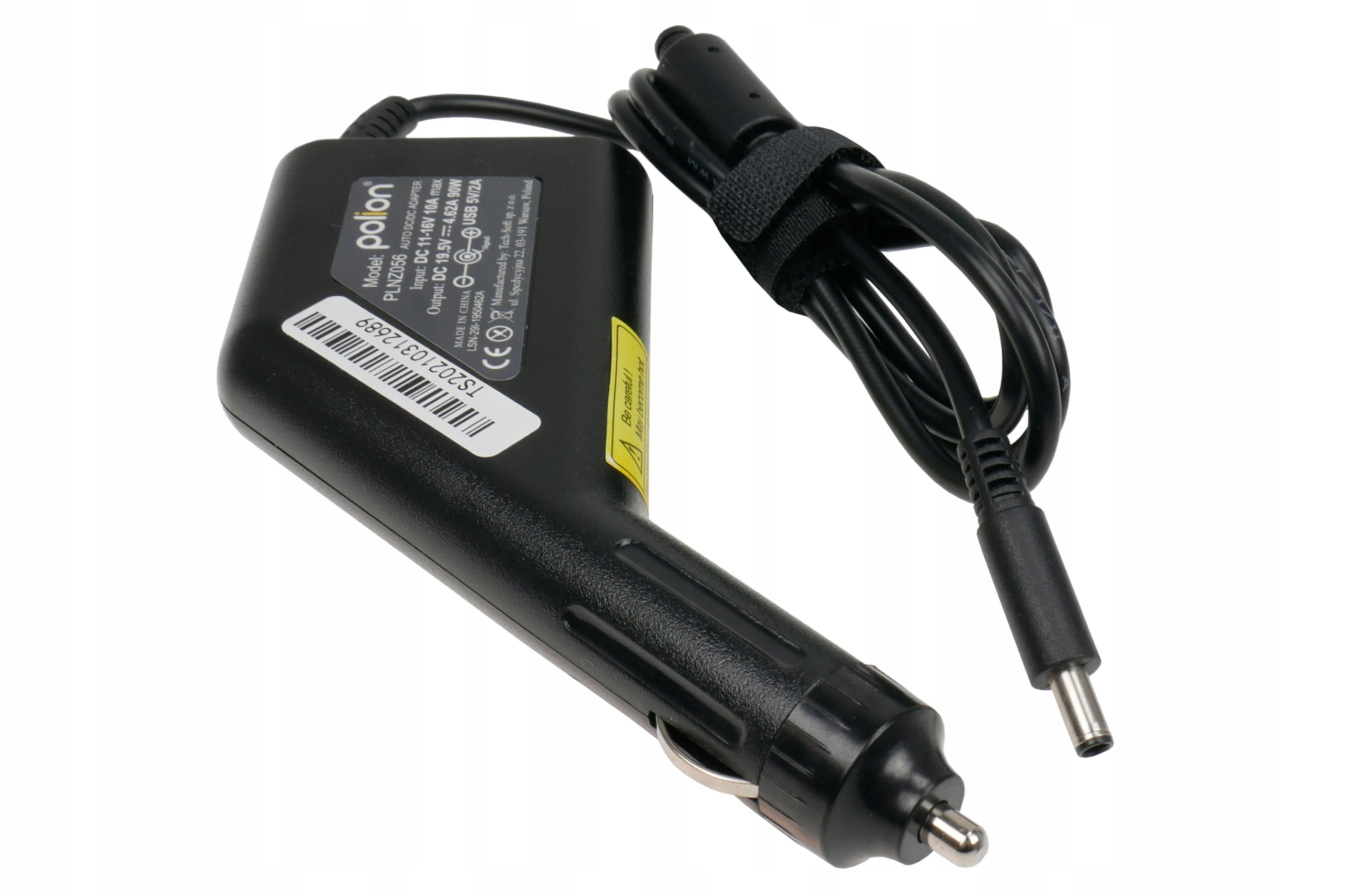 Czarny zasilacz do laptopa z portem ładowarki samochodowej. Etykieta brzmi 'polion'.