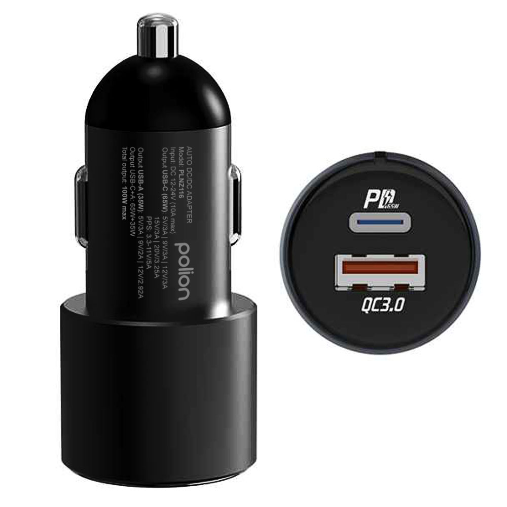 Czarna ładowarka samochodowa z portami USB i tekstem wskazującym wyjście i model. Obecne jest również logo z napisem 'QC3.0'.