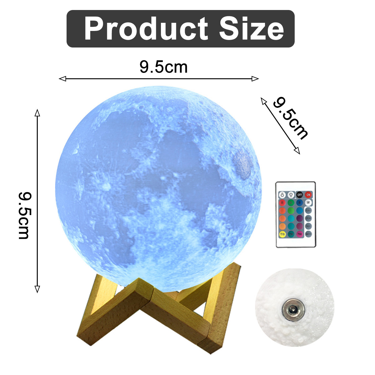 Eine mondförmige Lampe mit Holzständer, Fernbedienung und Abmessungen von 9,5 cm. Es ist eine Produktgrößenanzeige.
