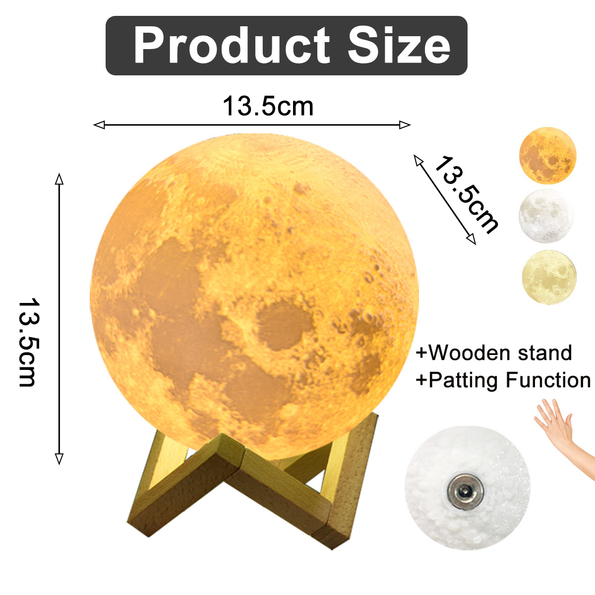 Eine mondförmige Lampe auf einem Holzständer. Abmessungen sind 13,5 cm. Sie hat eine Klopffunktion und drei Farboptionen.