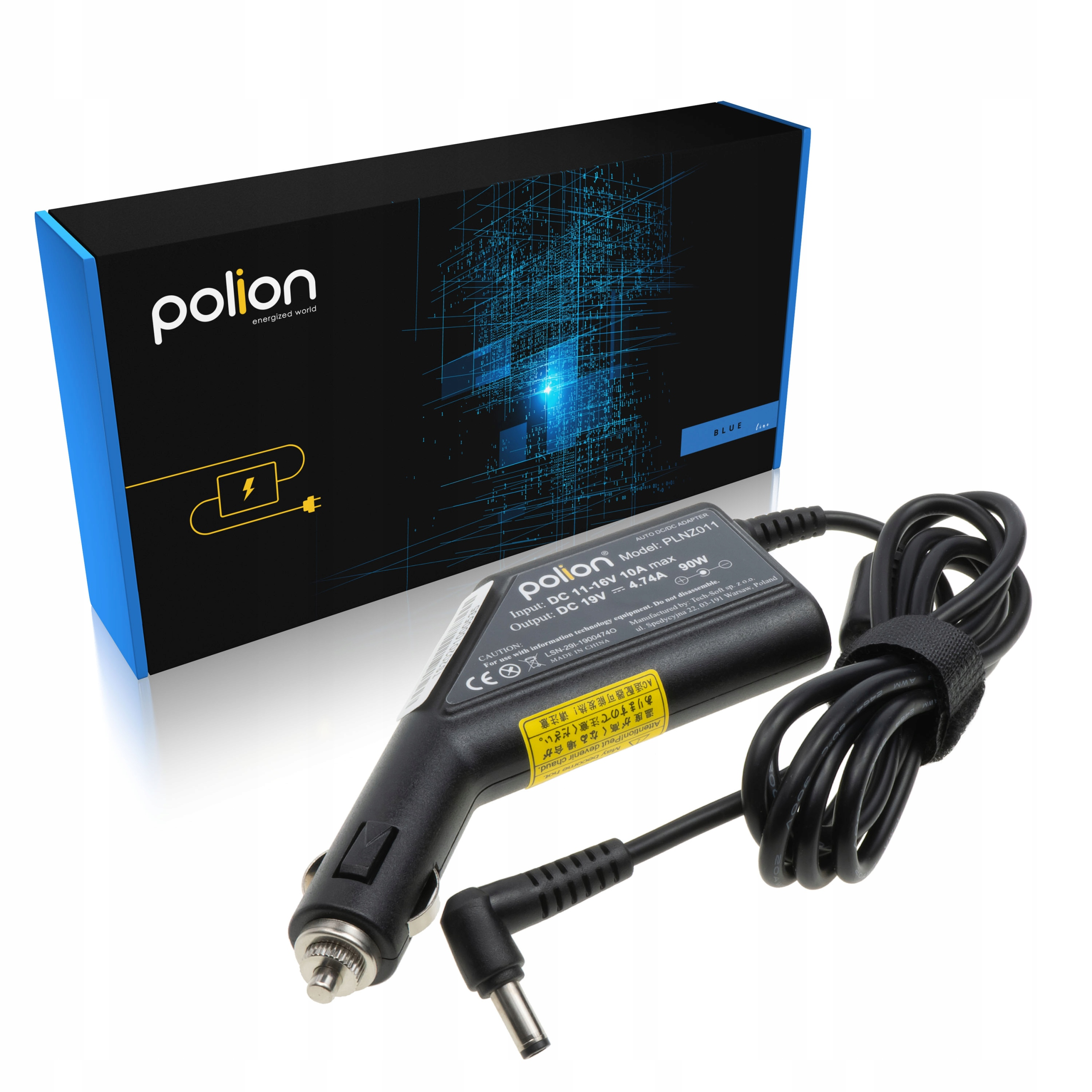 Czarny zasilacz i niebieskie pudełko z marką 'polion' na białej powierzchni.