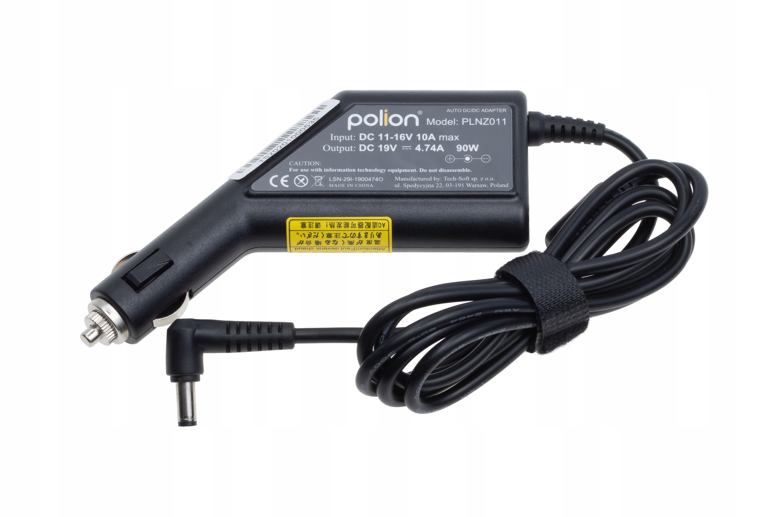 Czarny adapter samochodowy Polion z czarnym kablem. Ma wyjście DC i informacje wejściowe.