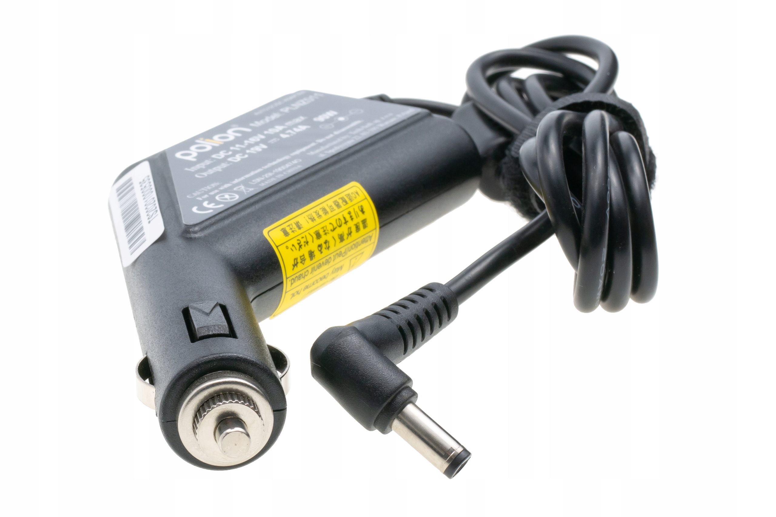 Czarna ładowarka samochodowa ze zwiniętym kablem. Posiada zasilacz i etykietę z tekstem.