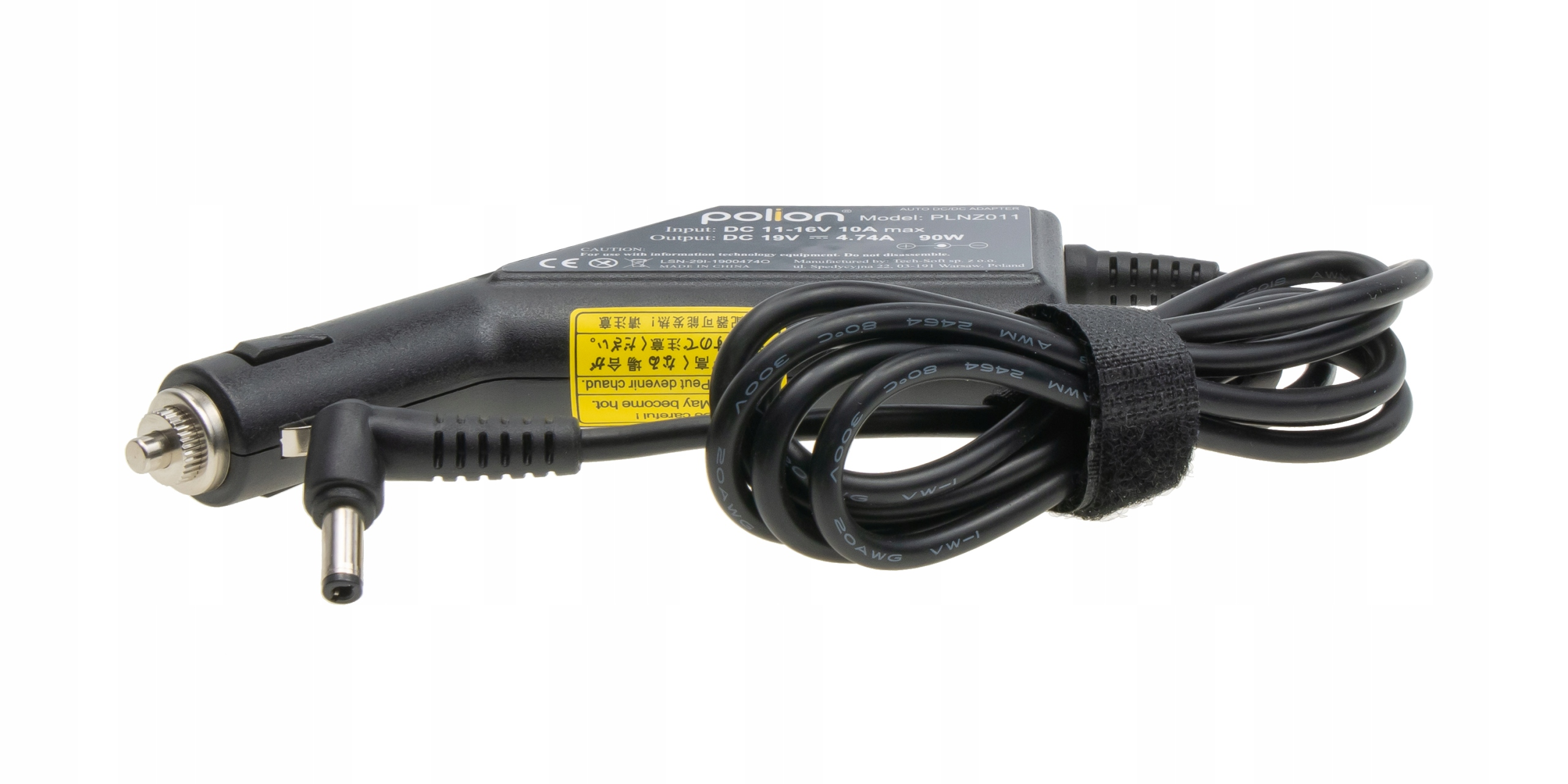 Czarny zasilacz do laptopa z kablem, etykietą i złączem. Posiada tekst i rzep do trzymania kabla.