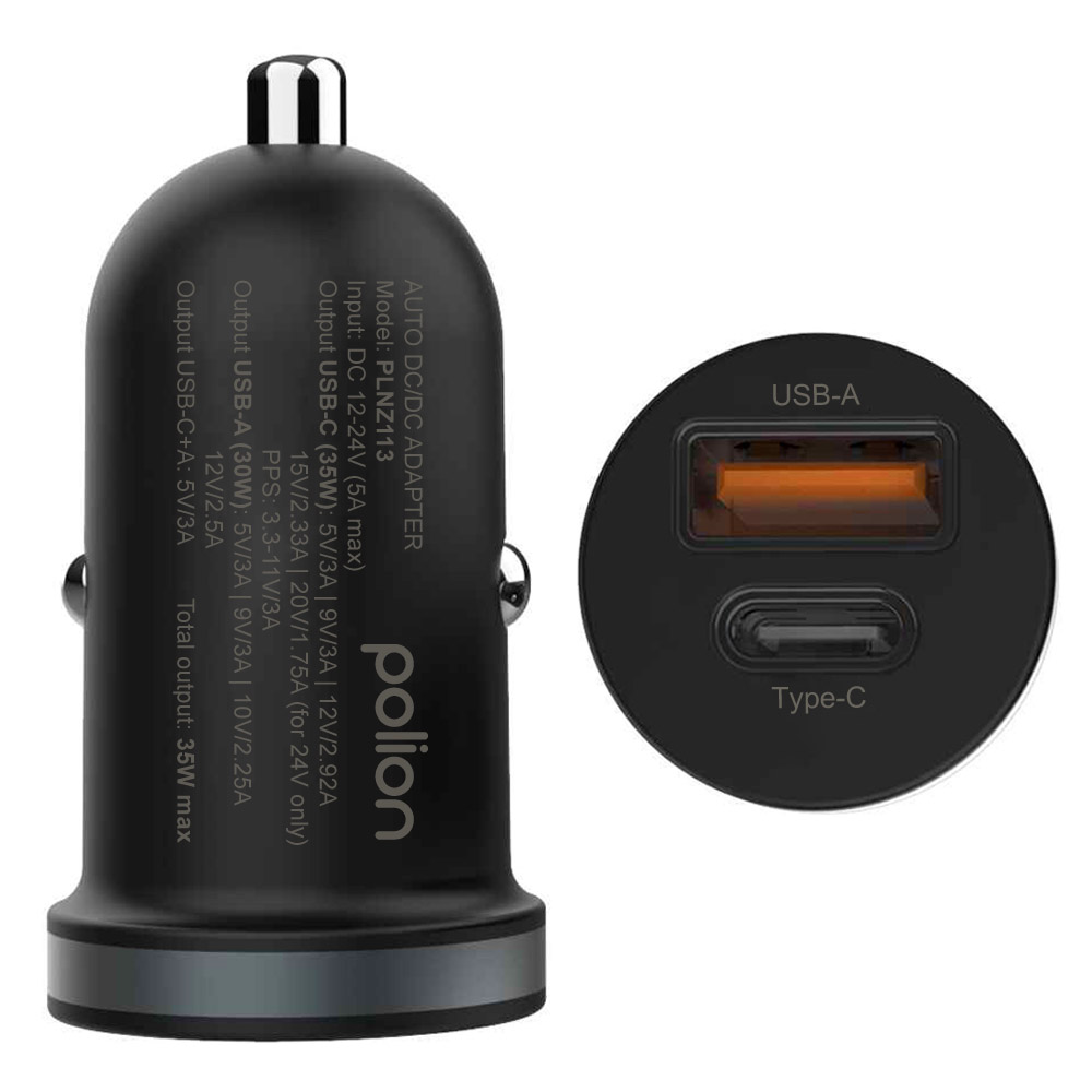 Czarna ładowarka samochodowa z portami USB-A i Type-C. Szczegóły obejmują specyfikacje wejścia/wyjścia i markę 'polion'.