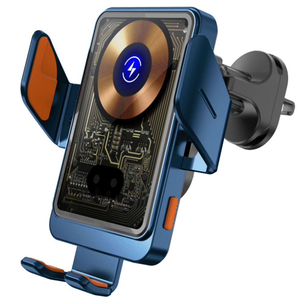 Niebiesko-pomarańczowy uchwyt samochodowy na telefon z bezprzewodową ładowarką. Zawiera czarny klips do wentylacji.