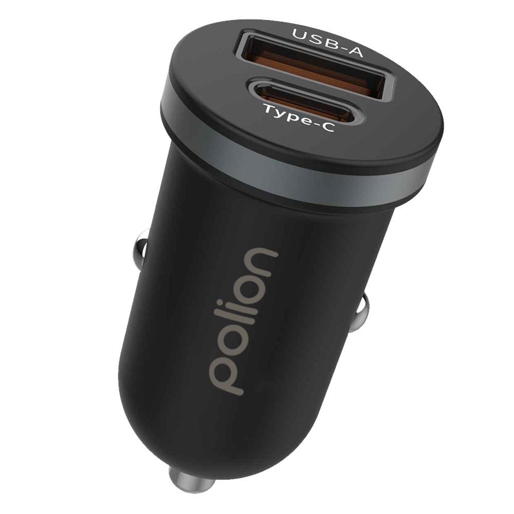Czarna ładowarka samochodowa z portami USB-A i Type-C. Nazwa marki 'polion' jest wydrukowana na obudowie.