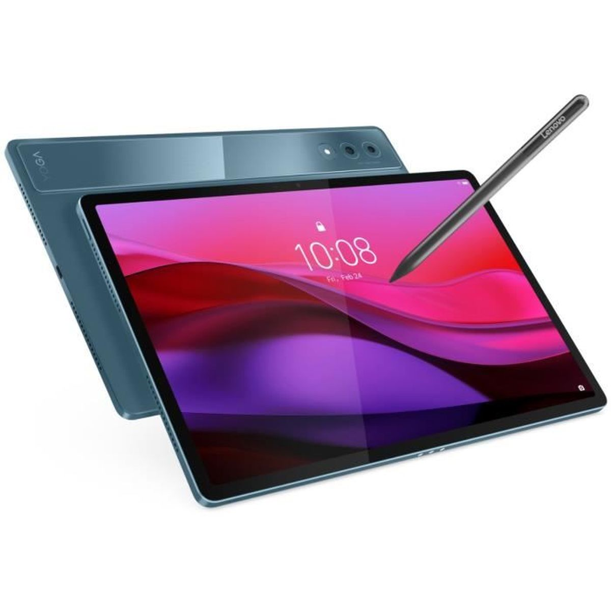 Ein Lenovo Yoga Tablet mit Stift. Der Bildschirm zeigt die Uhrzeit an, das Tablet ist blau. Der Stift ist schwarz.
