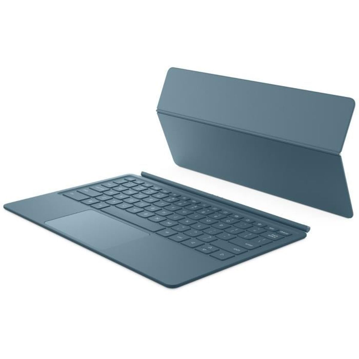 Eine teal-farbene Tastatur und Abdeckung werden auf weißem Hintergrund angezeigt. Die Tastatur ist geöffnet, die Abdeckung steht dahinter.