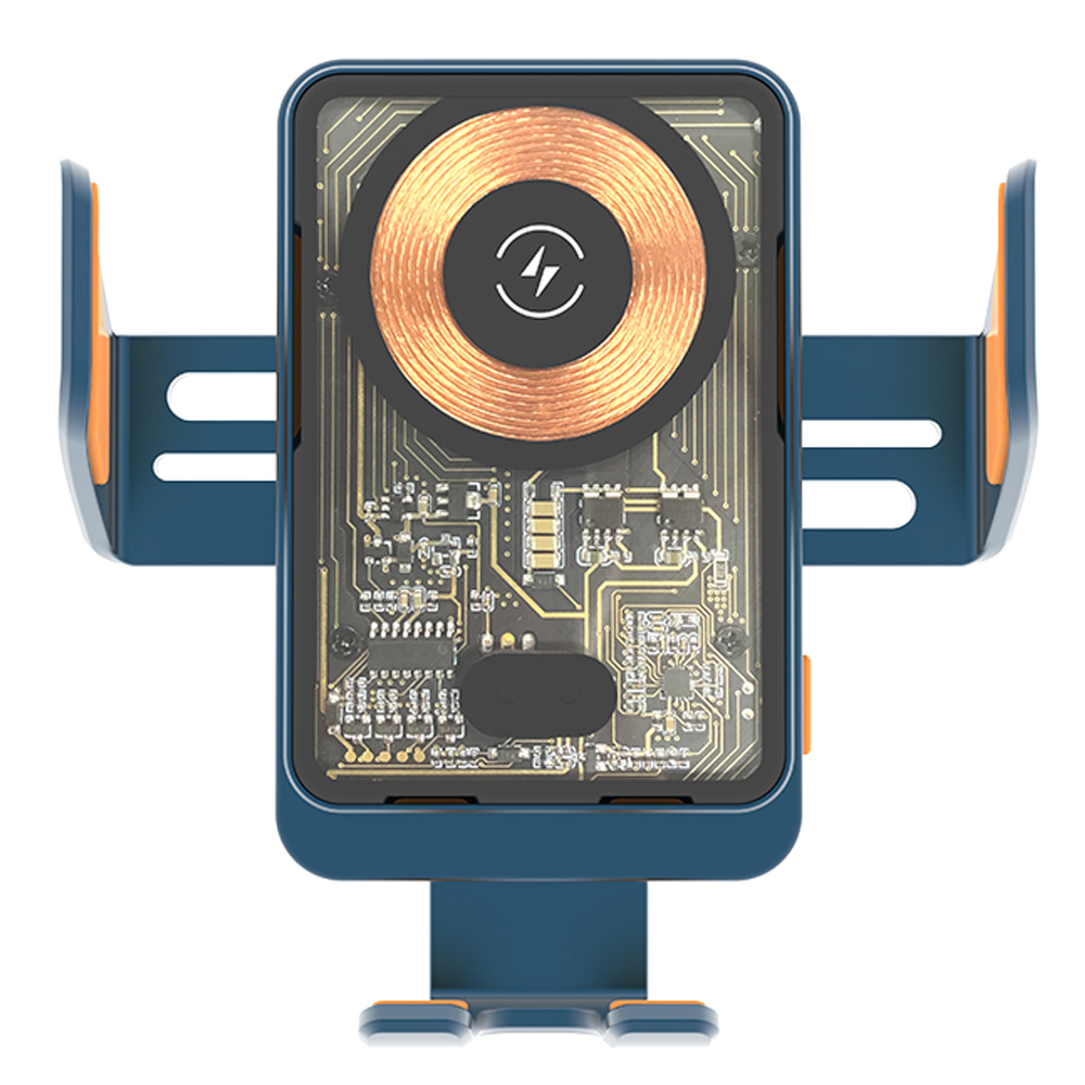 Niebiesko-pomarańczowy uchwyt samochodowy do telefonu. Posiada konstrukcję płytki drukowanej pośrodku z miedzianą cewką do ładowania bezprzewodowego.