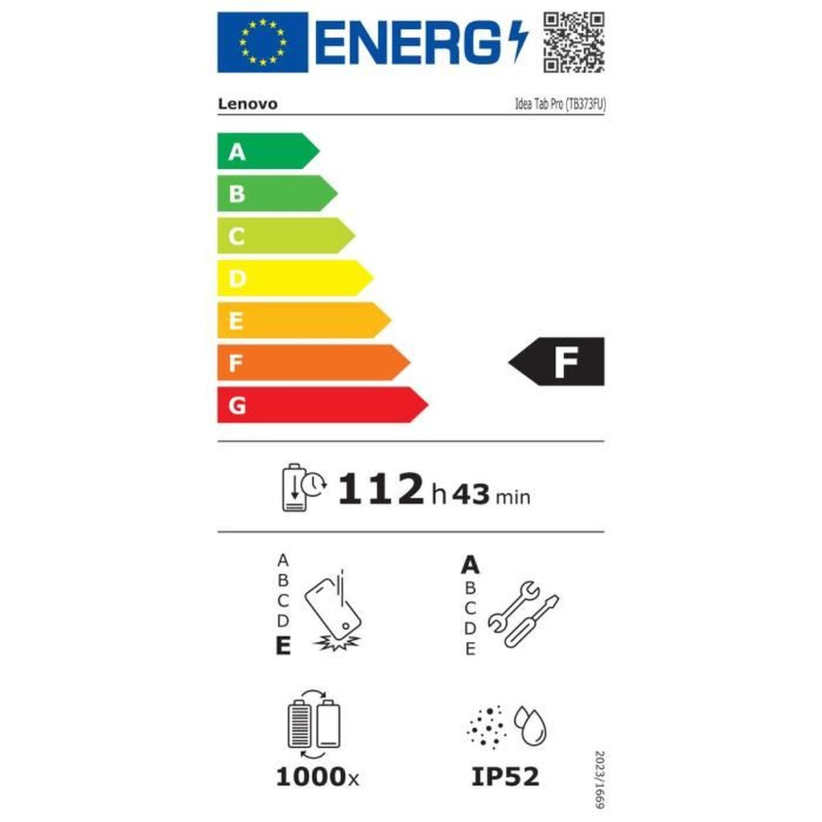Energielabel für Lenovo Idea Tab Pro. Zeigt Energieeffizienzklassen, 'F' ist angegeben. Merkmale Akkulaufzeit und weitere technische Daten.