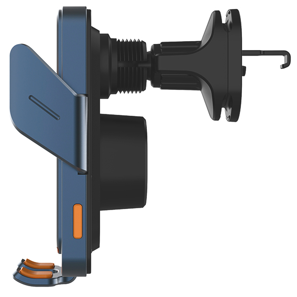 Niebiesko-czarny uchwyt samochodowy na telefon. Ma pomarańczowy przycisk i akcenty. Uchwyt jest zamontowany na białej powierzchni.