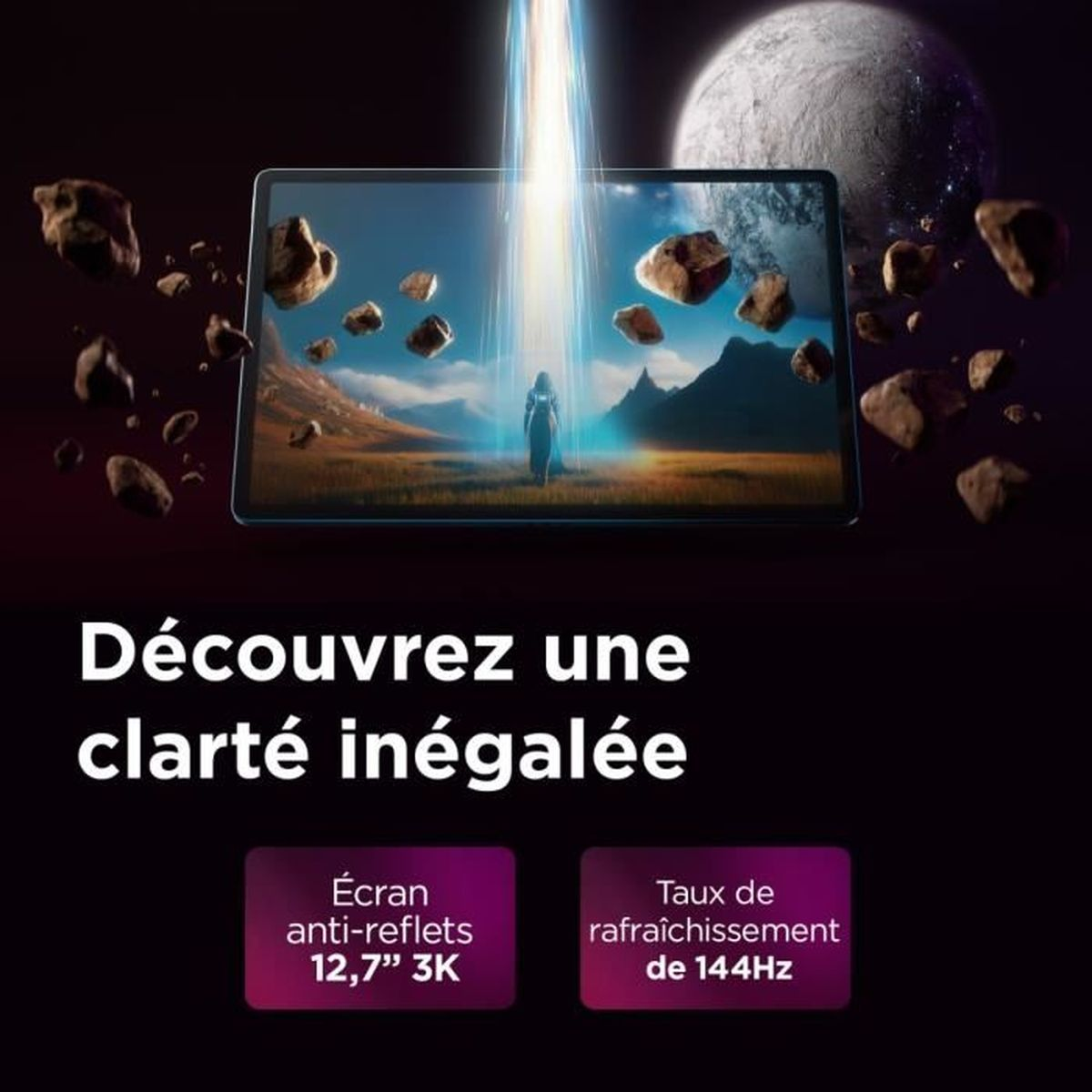 Ein Tablet zeigt eine Landschaftsszene mit einer Person. Schwebende Felsen und ein Planet sind im Hintergrund. Text: Entdecken Sie unübertroffene Klarheit.