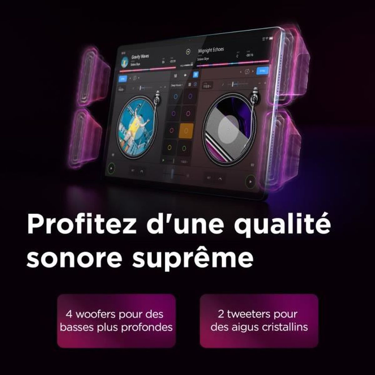 Tablet mit DJ-Oberfläche. Text: 'Profitez d'une qualité sonore suprême'. Infos über Woofer und Hochtöner.