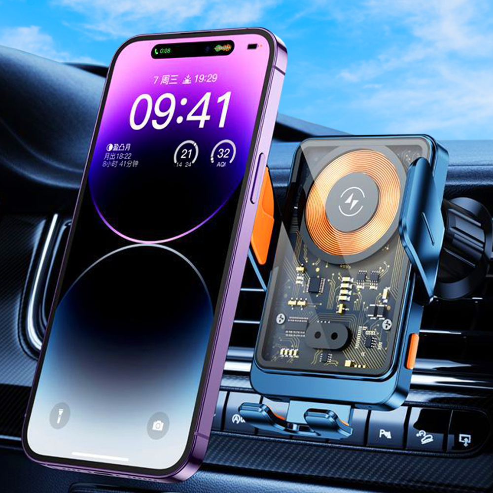 Wyświetlany jest telefon i ładowarka bezprzewodowa. Telefon wyświetla 09:41 na ekranie. Ładowarka ma płytkę drukowaną.