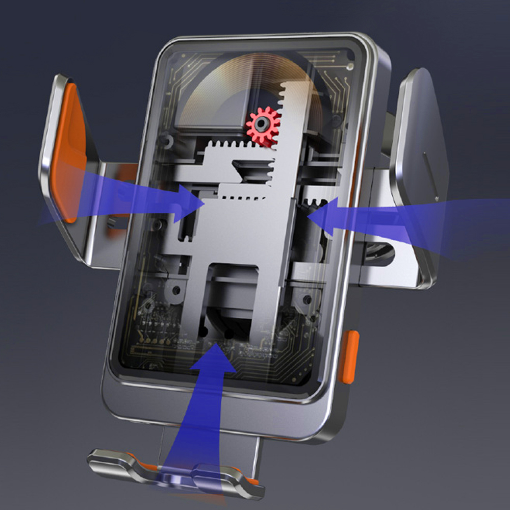 Uchwyt na telefon z widocznymi wewnętrznymi kołami zębatymi i płytką obwodu. Niebieskie strzałki wskazują przepływ powietrza. Pomarańczowe akcenty i szare tło.
