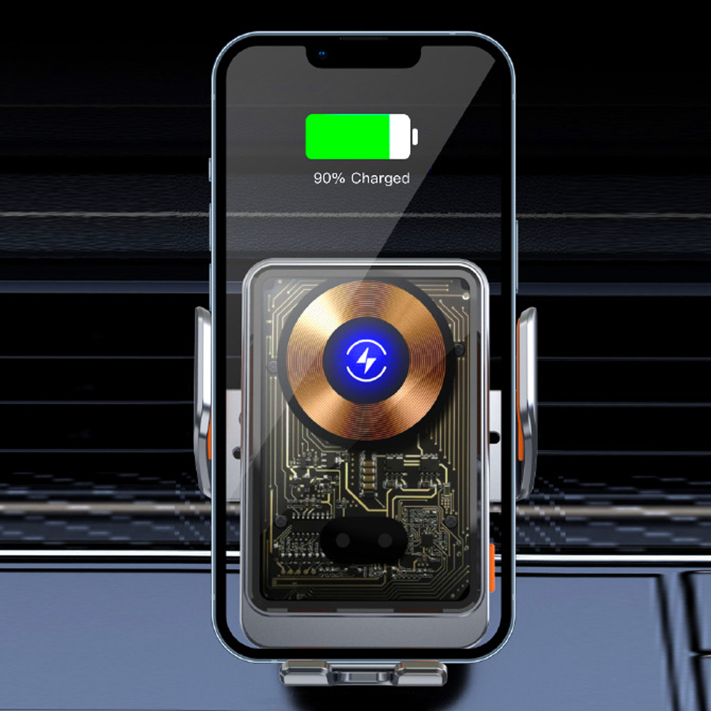 Telefon wyświetlający 90% naładowania znajduje się na ładowarce bezprzewodowej. Ładowarka ma miedzianą cewkę i niebieski symbol błyskawicy.