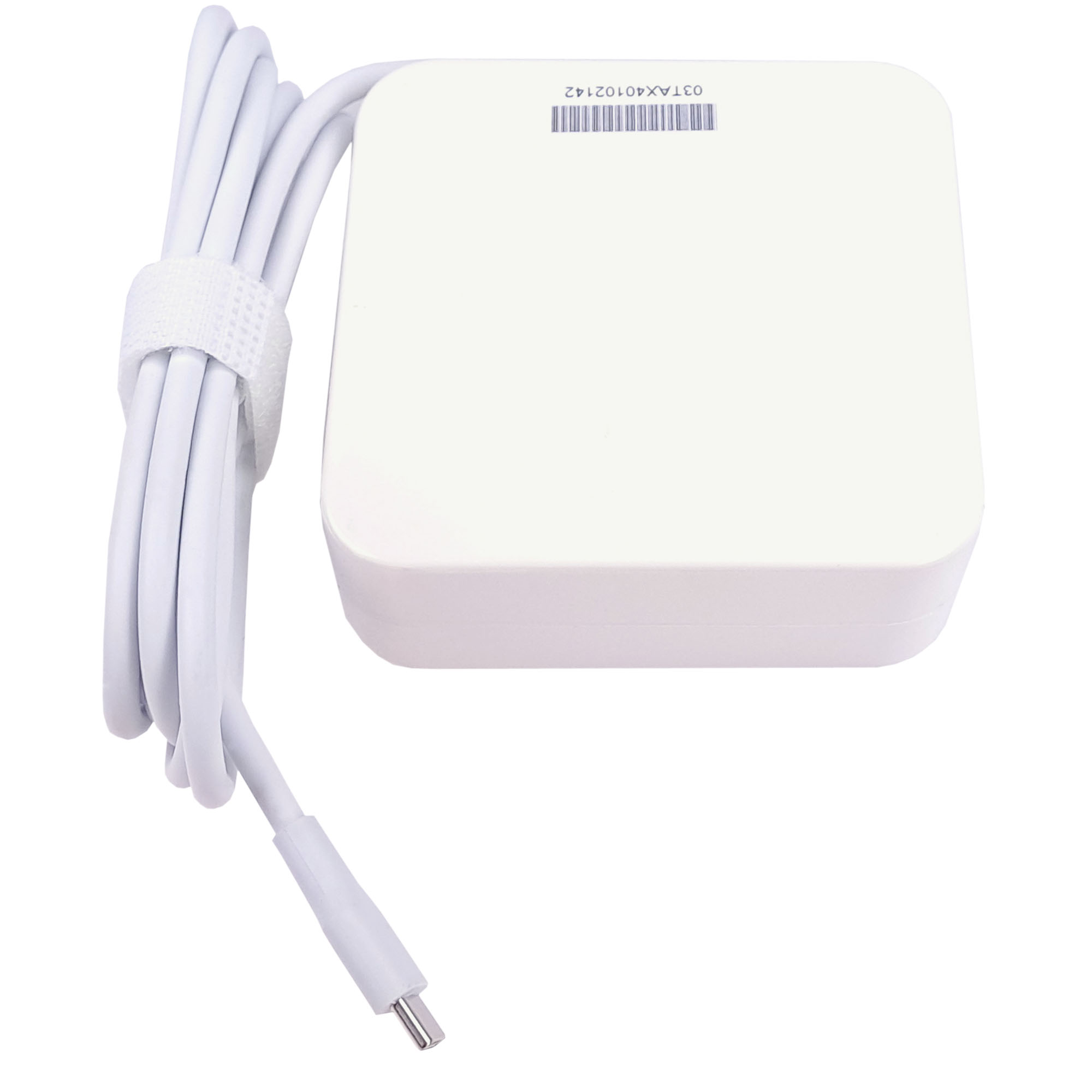 Biały zasilacz z dołączonym białym kablem. Pasek na rzep trzyma kabel razem.
